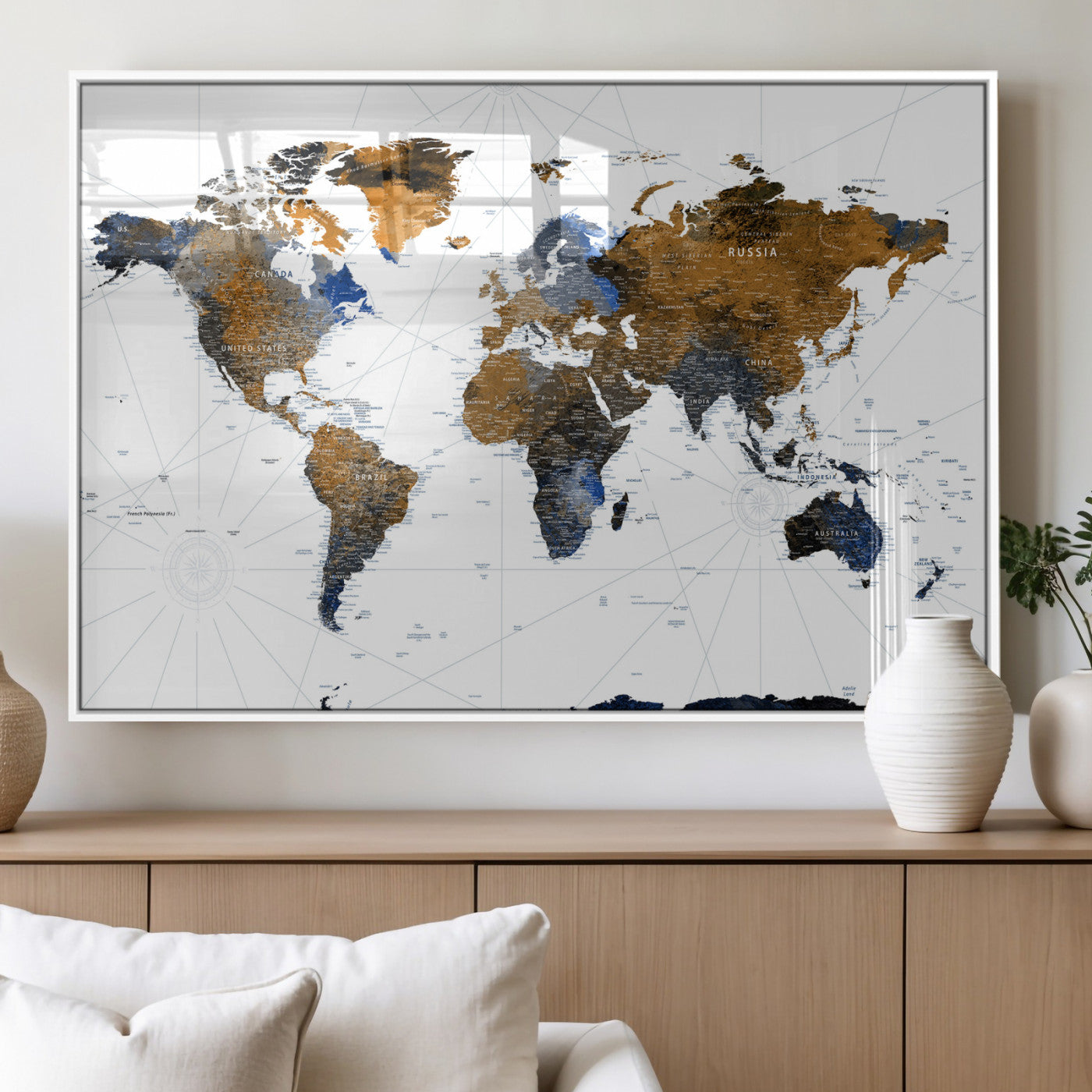 56364879-MGV-CV-36X24 - World Map Wall Art Canvas Print, Modern Decorative Framed Map Artwork Prints for Living Room, Office, Bedroom Wall Decor