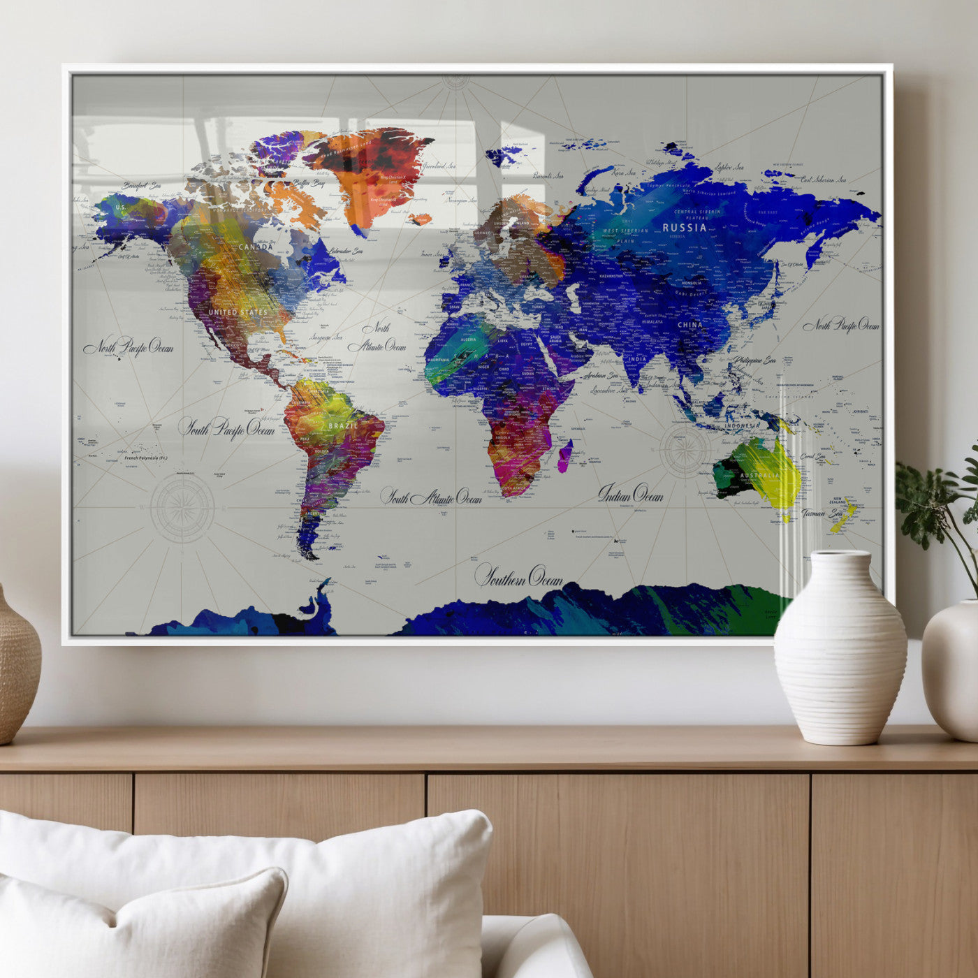49670038-MGV-CV-36X24 - World Map Wall Art Canvas Print, Modern Decorative Framed Map Artwork Prints for Living Room, Office, Bedroom Wall Decor