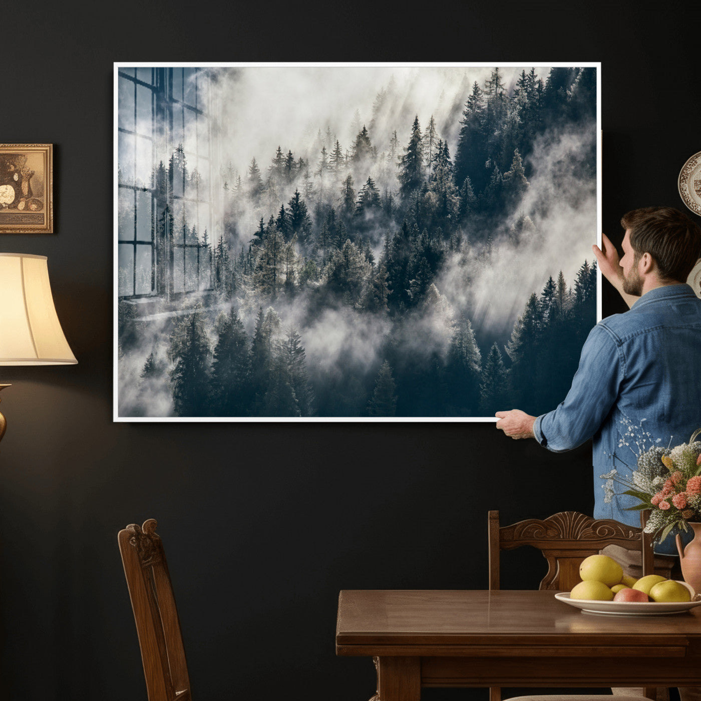 63405824-MGV-CV-36X24 - Foggy Mountain Forest Canvas Print, Misty Pine Trees Nature Wall Art, Framed Canvas Ready to Hang