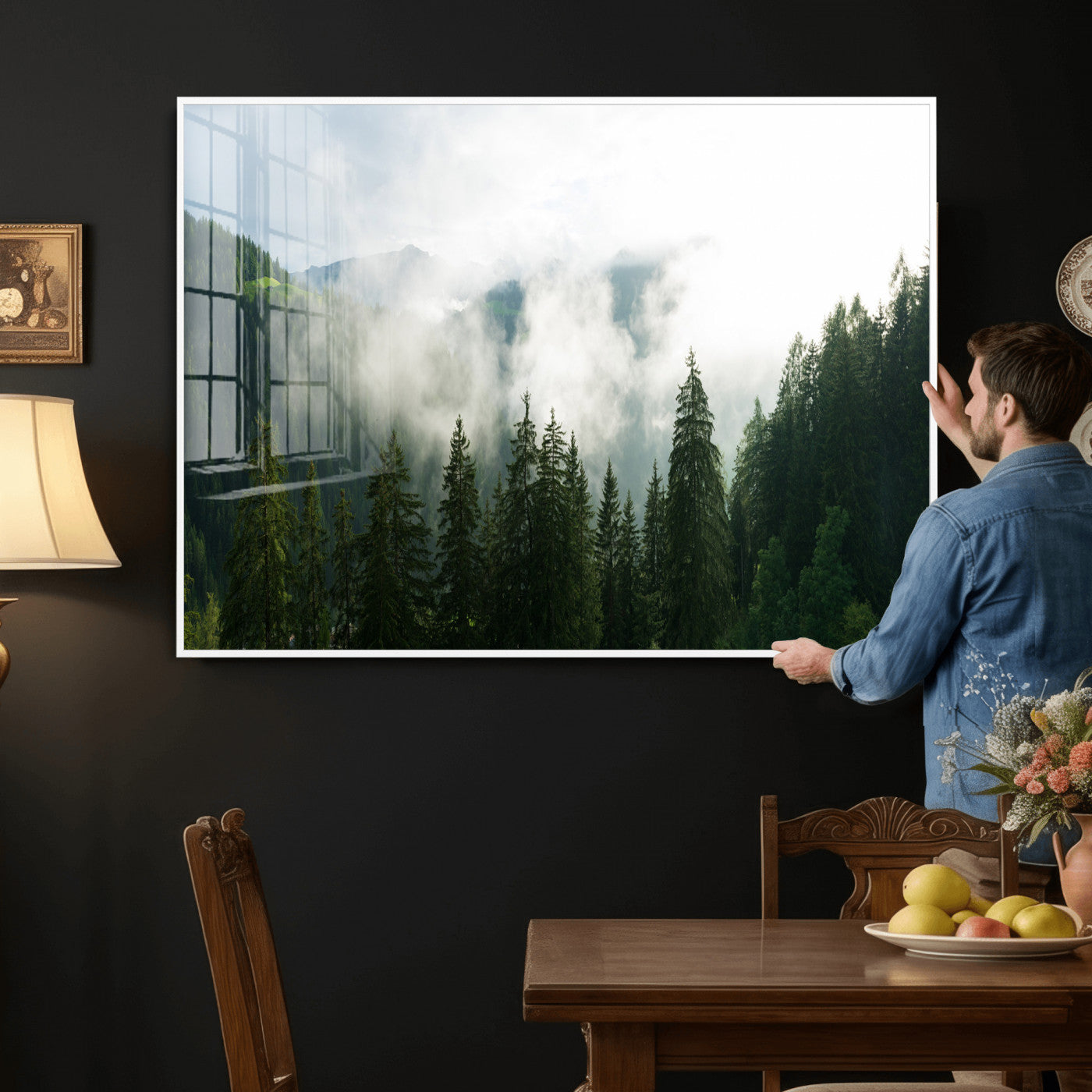 67174129-MGV-CV-36X24 - Misty Mountain Forest Canvas Print, Foggy Pine Trees Nature Wall Art, Framed Canvas Ready to Hang