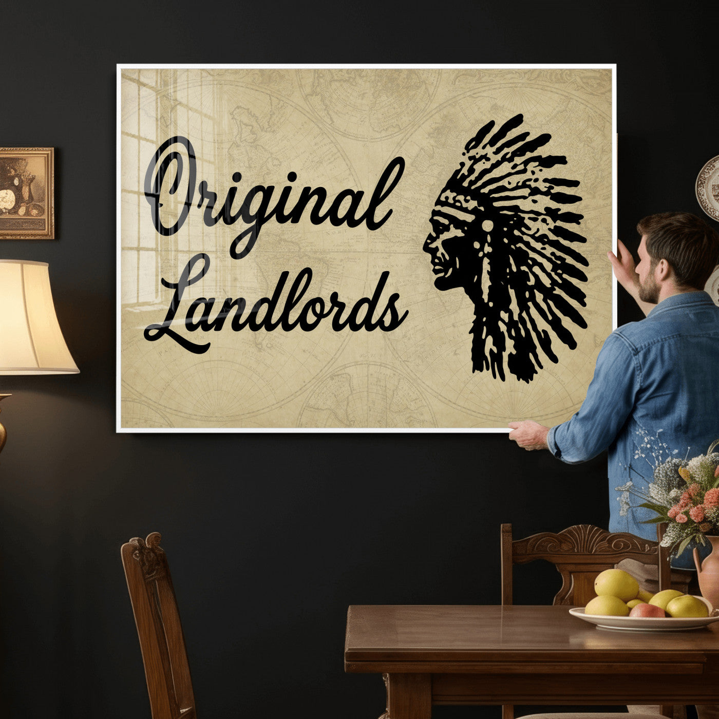 56844712-MGV-CV-36X24 - Original Landlords Wall Art Canvas Print, Native American Silhouette Artwork, Framed Wall Art Ready to Hang