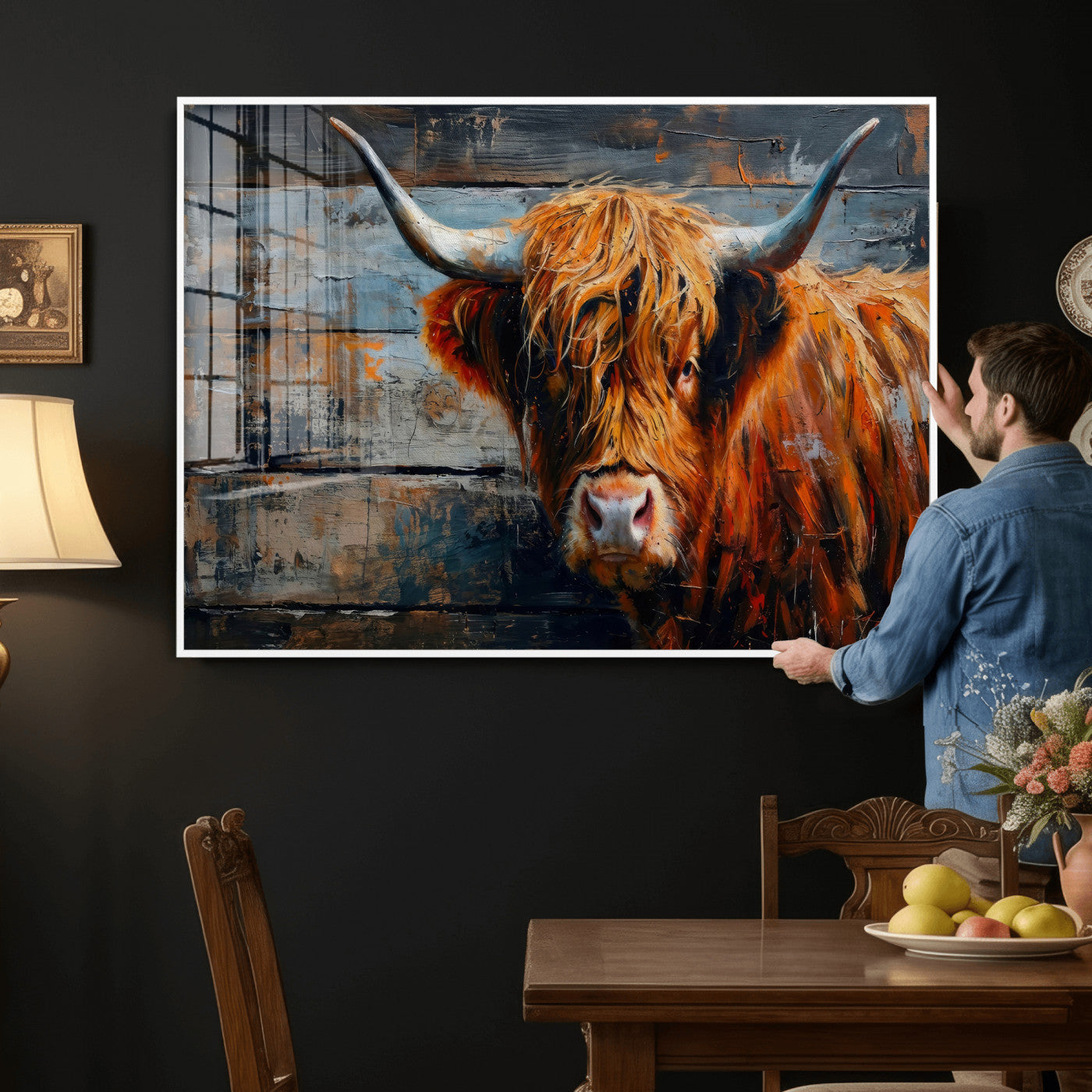 90271423-MGV-CV-36X24 - Highland Cow Wall Art Canvas Print, Abstract Rustic Farm Animal Wall Art Print, Framed Wall Art Ready to Hang