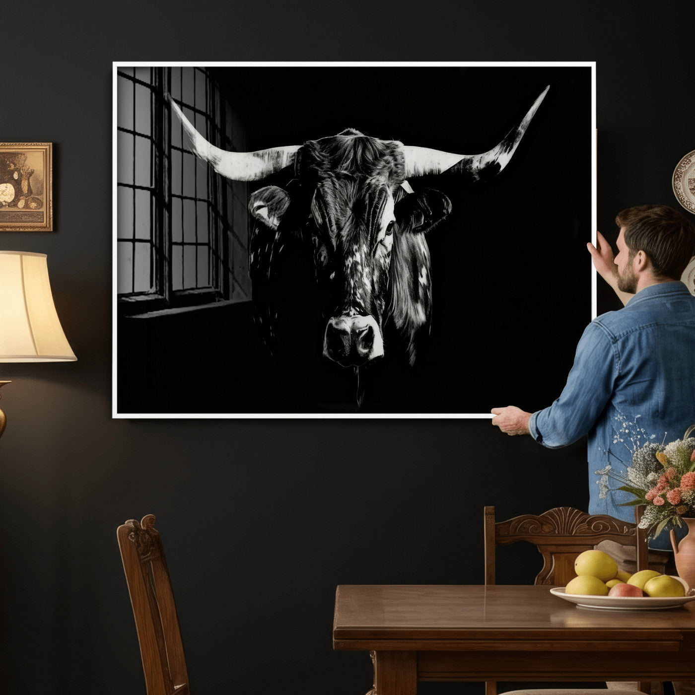 21436434-MGV-CV-36X24 - Black Bull Wall Art Canvas Print, Dark Longhorn Portrait Photography, Framed Wall Art Ready to Hang
