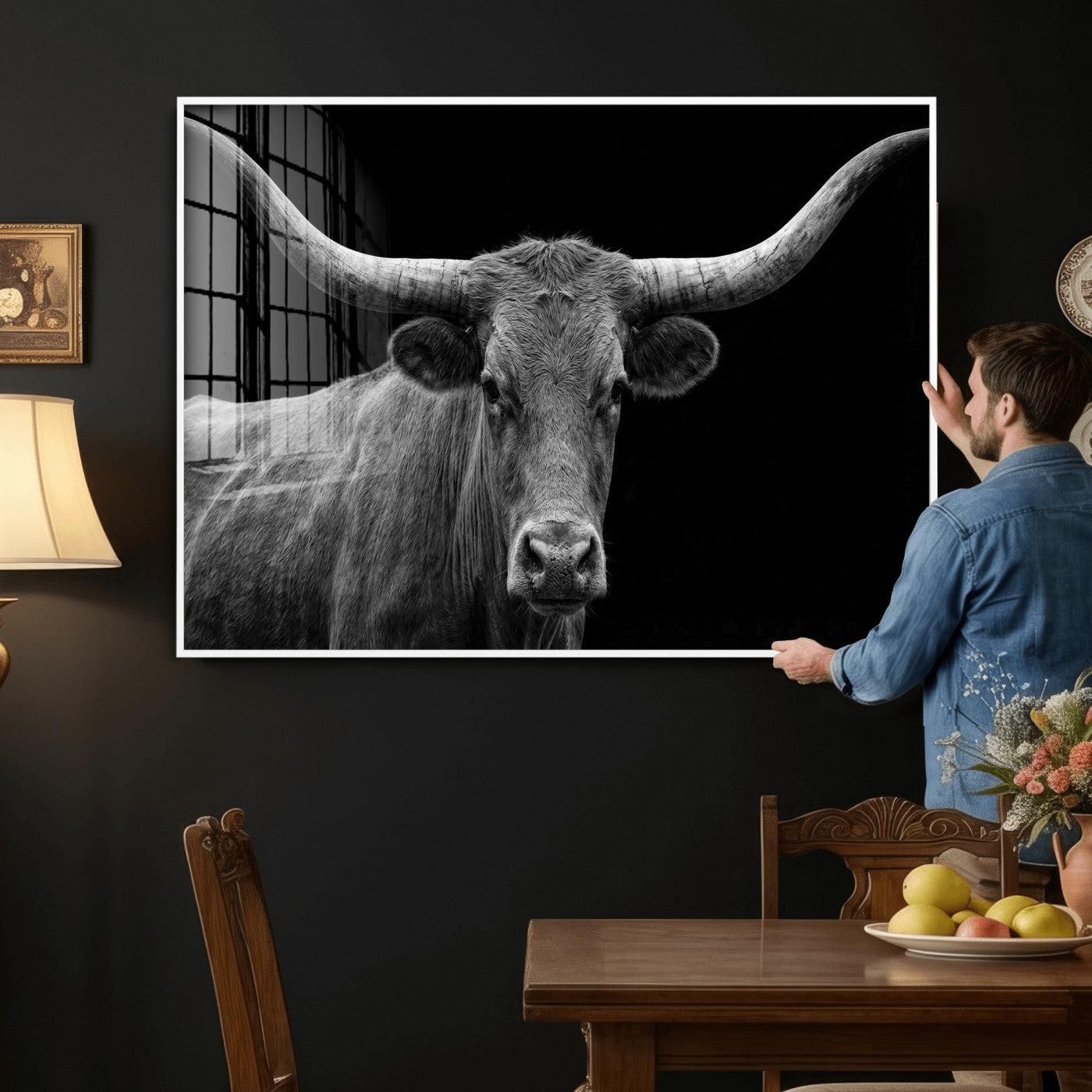32601430-MGV-CV-36X24 - Texas Longhorn Bull Wall Art Canvas Print, Cow Portrait Photography, Framed Wall Art Ready to Hang