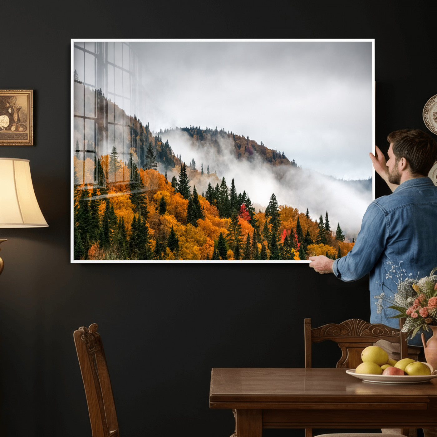 93581632-MGV-CV-36X24 - Autumn Forest Wall Art Canvas Print, Foggy Mountain Landscape Nature Photography, Framed Wall Art Ready to Hang