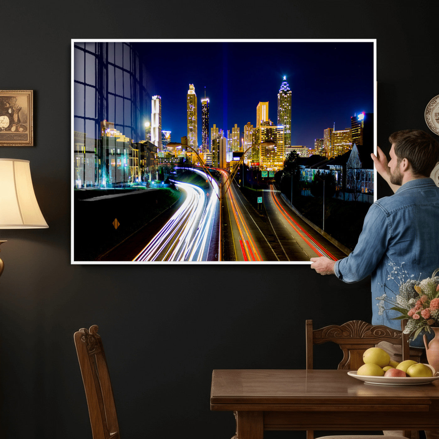 12967464-MGV-CV-36X24 - Atlanta Skyline Wall Art Canvas Print, Atlanta Downtown Night Cityscape Print for Modern Urban Wall Decor