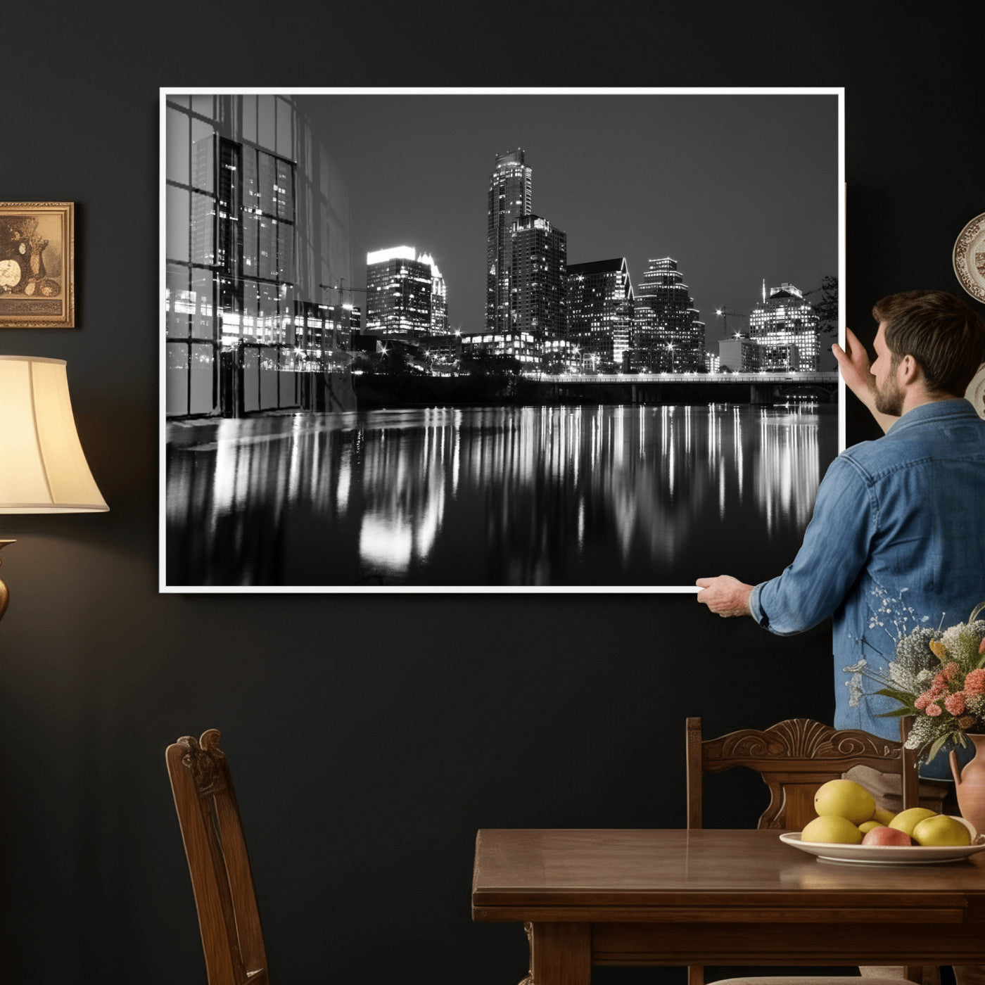 38129554-MGV-CV-36X24 - Austin Skyline Wall Art Canvas Print, Austin Downtown Night Cityscape Print for Modern Urban Wall Decor