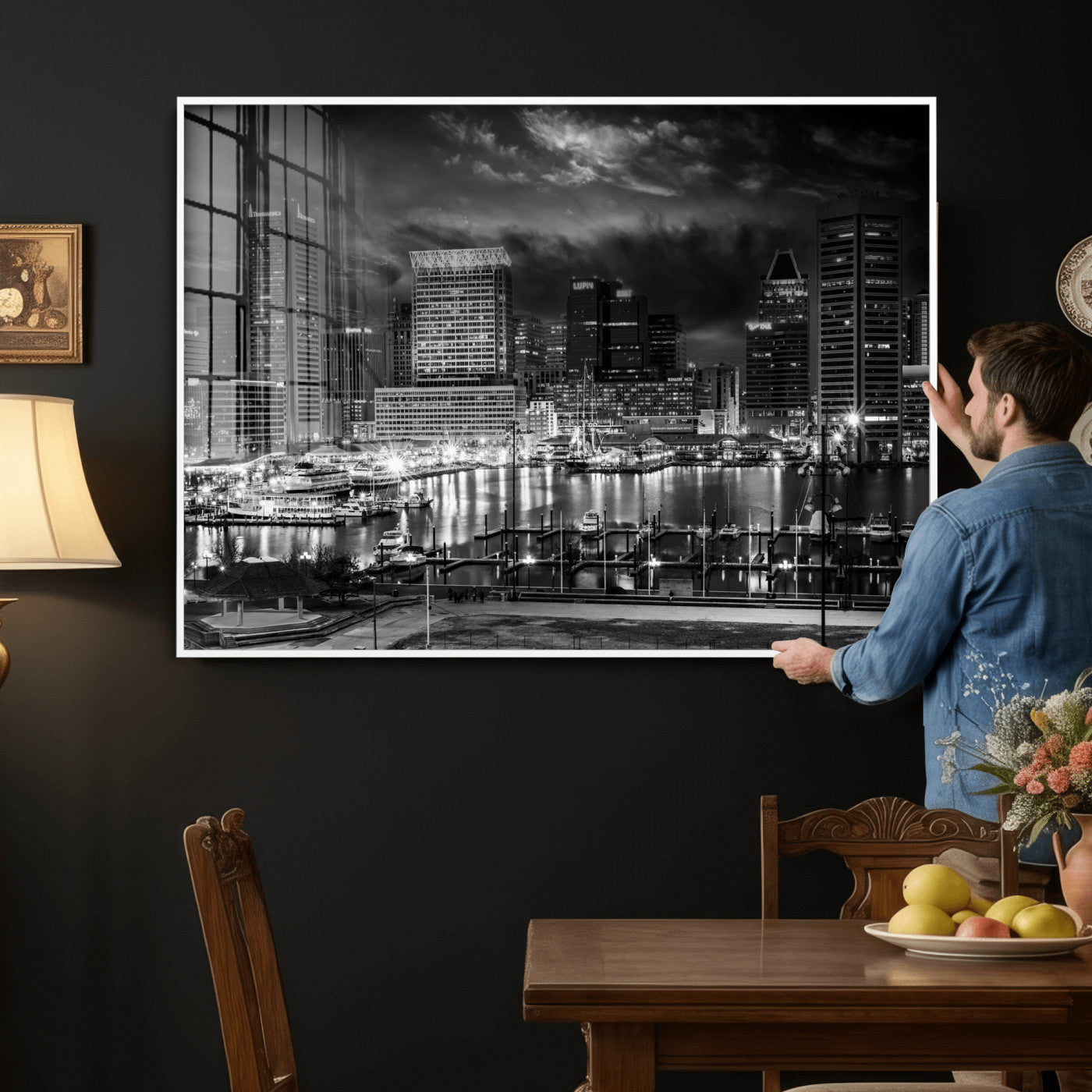 79755655-MGV-CV-36X24 - Baltimore Skyline Wall Art Canvas Print, Baltimore Downtown Night Cityscape Print for Modern Urban Wall Decor