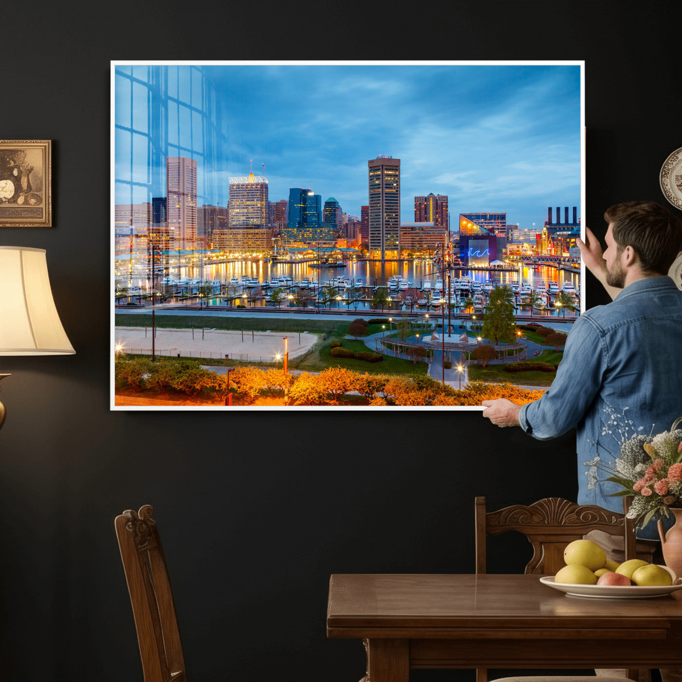 78635089-MGV-CV-36X24 - Baltimore Skyline Wall Art Canvas Print, Baltimore Downtown Night Cityscape Print for Modern Urban Wall Decor