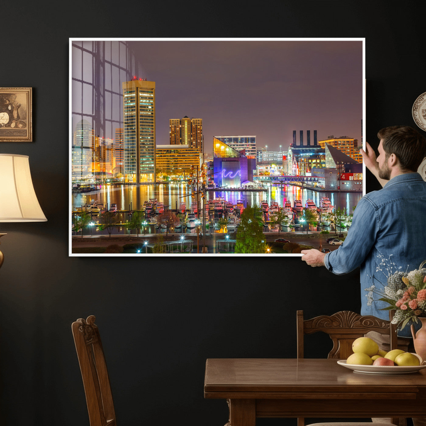 42654823-MGV-CV-36X24 - Baltimore Skyline Wall Art Canvas Print, Baltimore Downtown Night Cityscape Print for Modern Urban Wall Decor