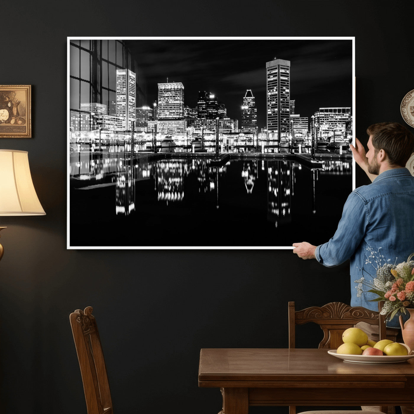 69187681-MGV-CV-36X24 - Baltimore Skyline Wall Art Canvas Print, Baltimore Downtown Night Cityscape Print for Modern Urban Wall Decor