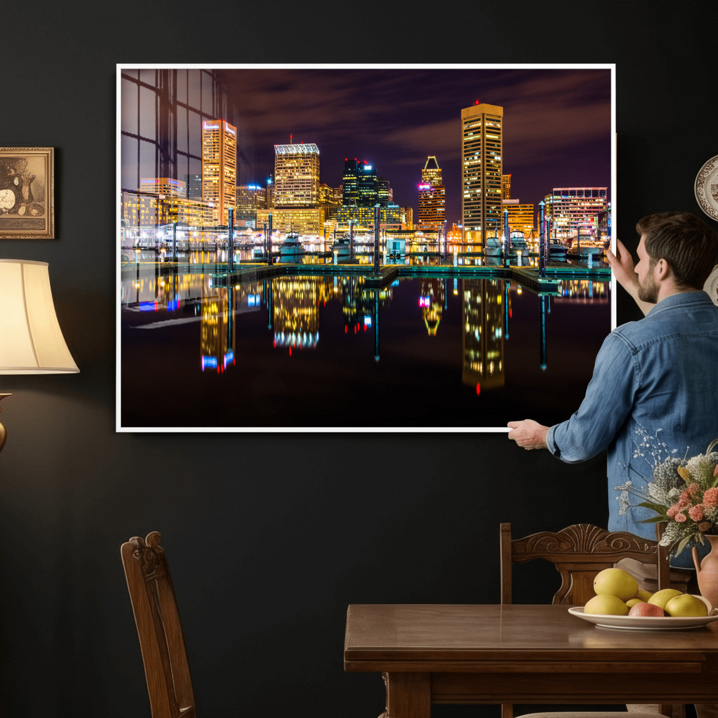 38201692-MGV-CV-36X24 - Baltimore Skyline Wall Art Canvas Print, Baltimore Downtown Night Cityscape Print for Modern Urban Wall Decor