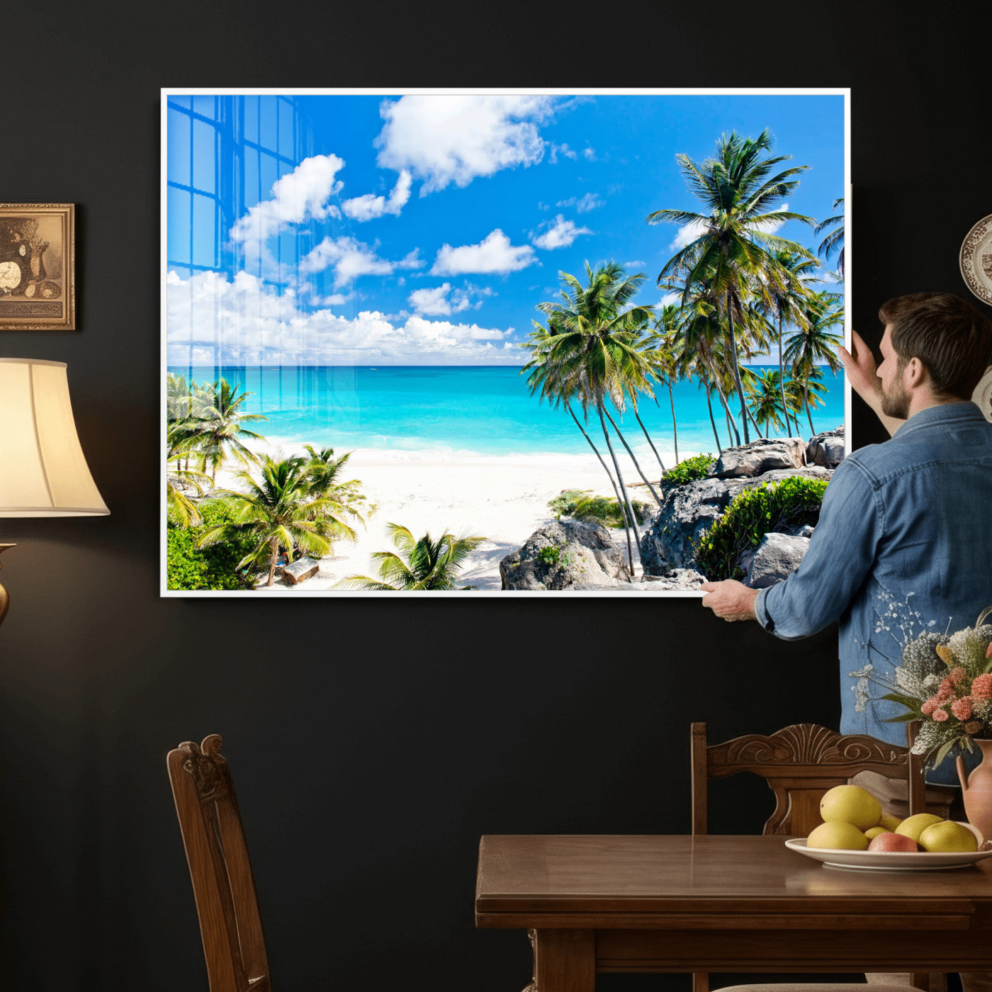29232878-MGV-CV-36X24 - Barbados Beach Wall Art Canvas Print, Palm Tree Ocean Landscape, Turquoise Sea Coastal Photography, Tropical Island Wall Decor, Framed Ready to Hang