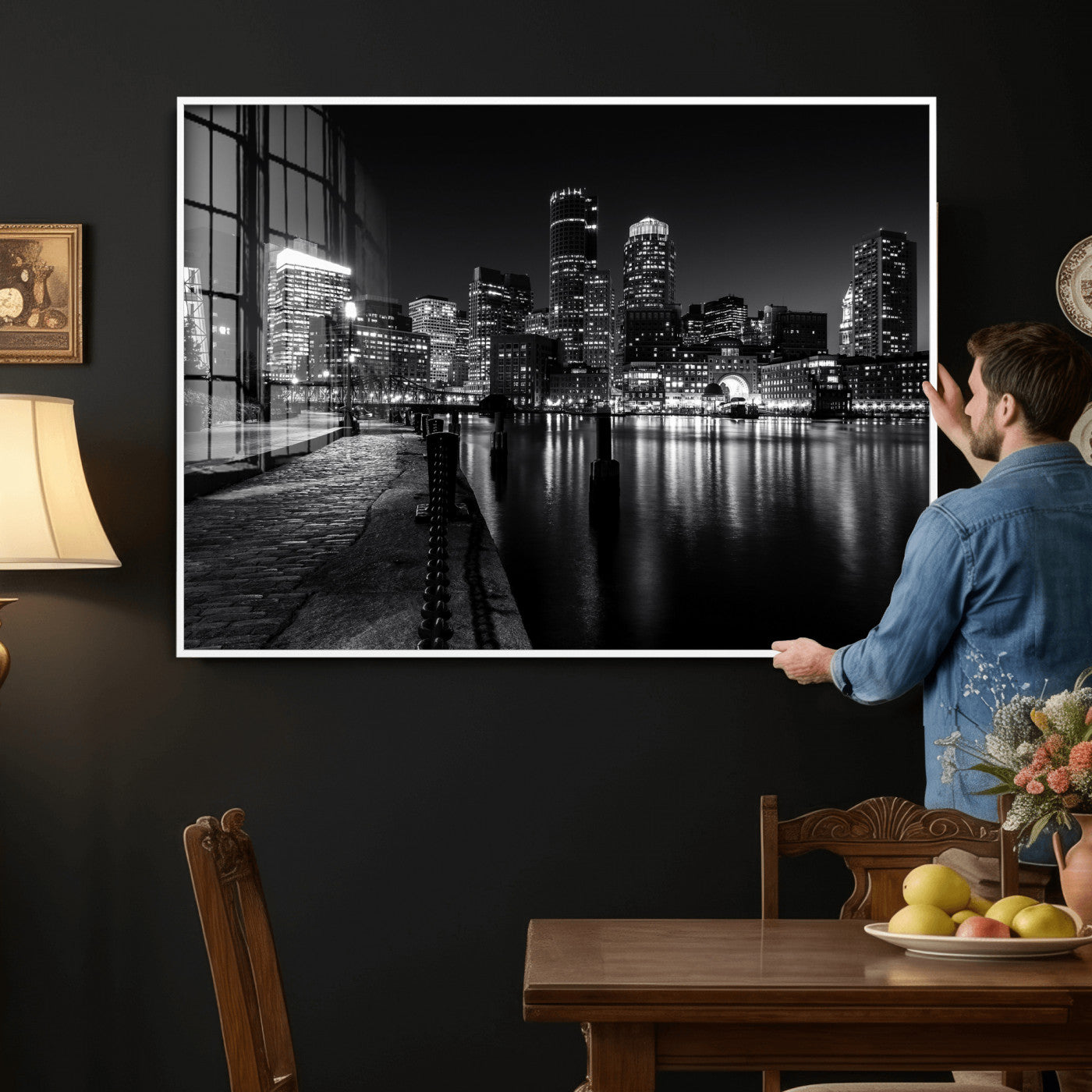53082656-MGV-CV-36X24 - Boston Wall Art Canvas Print, Boston City Downtown Night Cityscape Print for Modern Urban Wall Decor