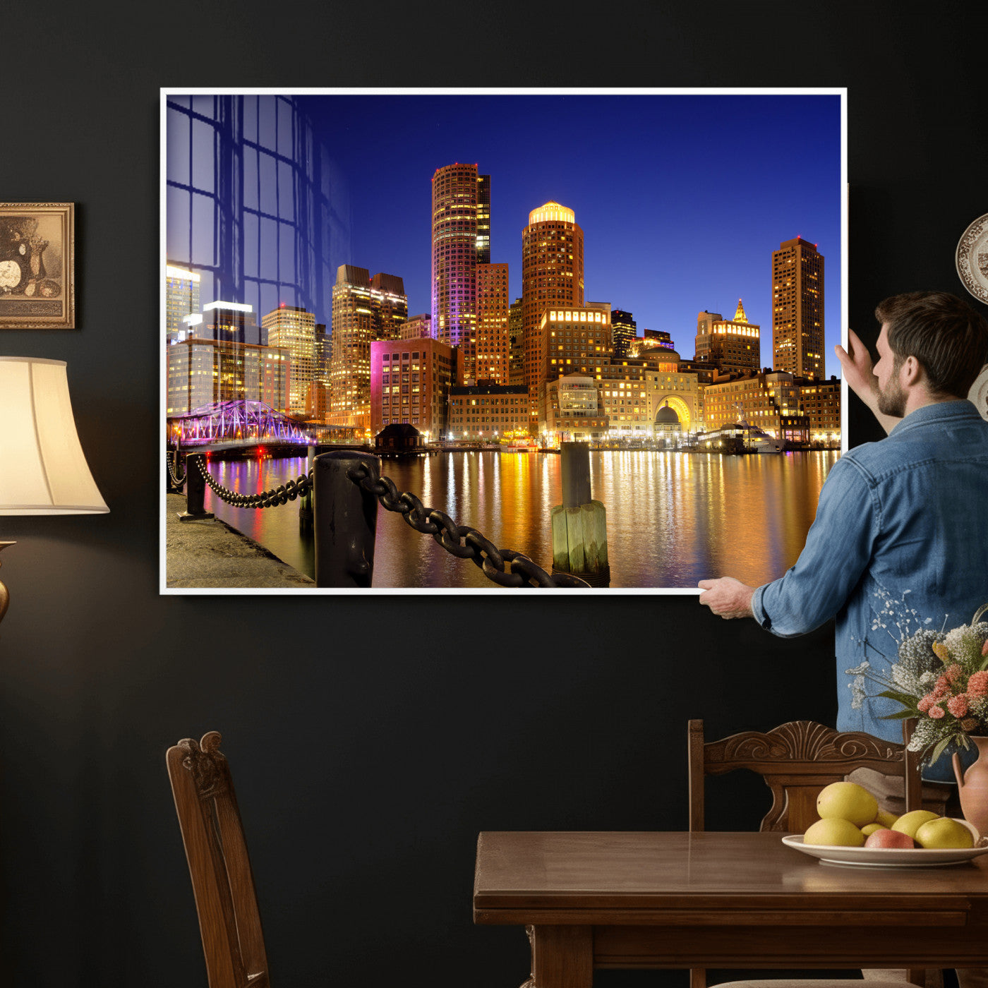 56611117-MGV-CV-36X24 - Boston Wall Art Canvas Print, Boston City Downtown Night Cityscape Print for Modern Urban Wall Decor