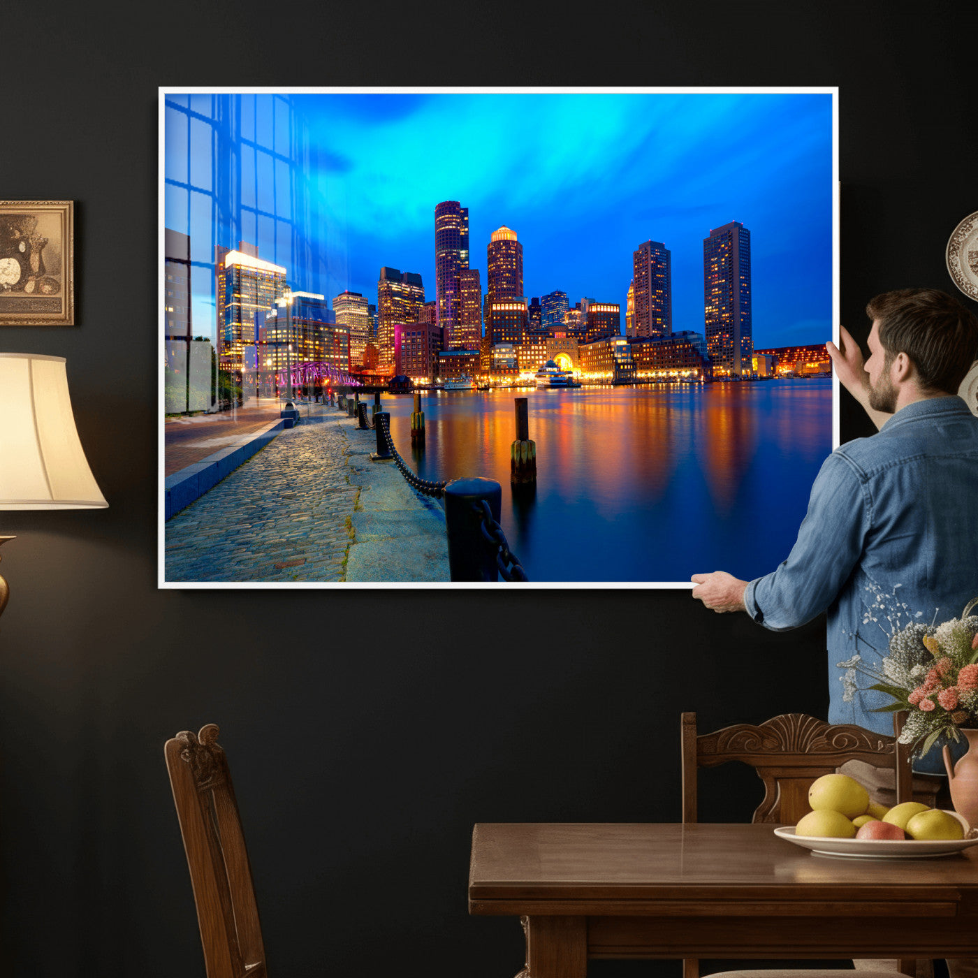 69619565-MGV-CV-36X24 - Boston Wall Art Canvas Print, Boston City Downtown Night Cityscape Print for Modern Urban Wall Decor