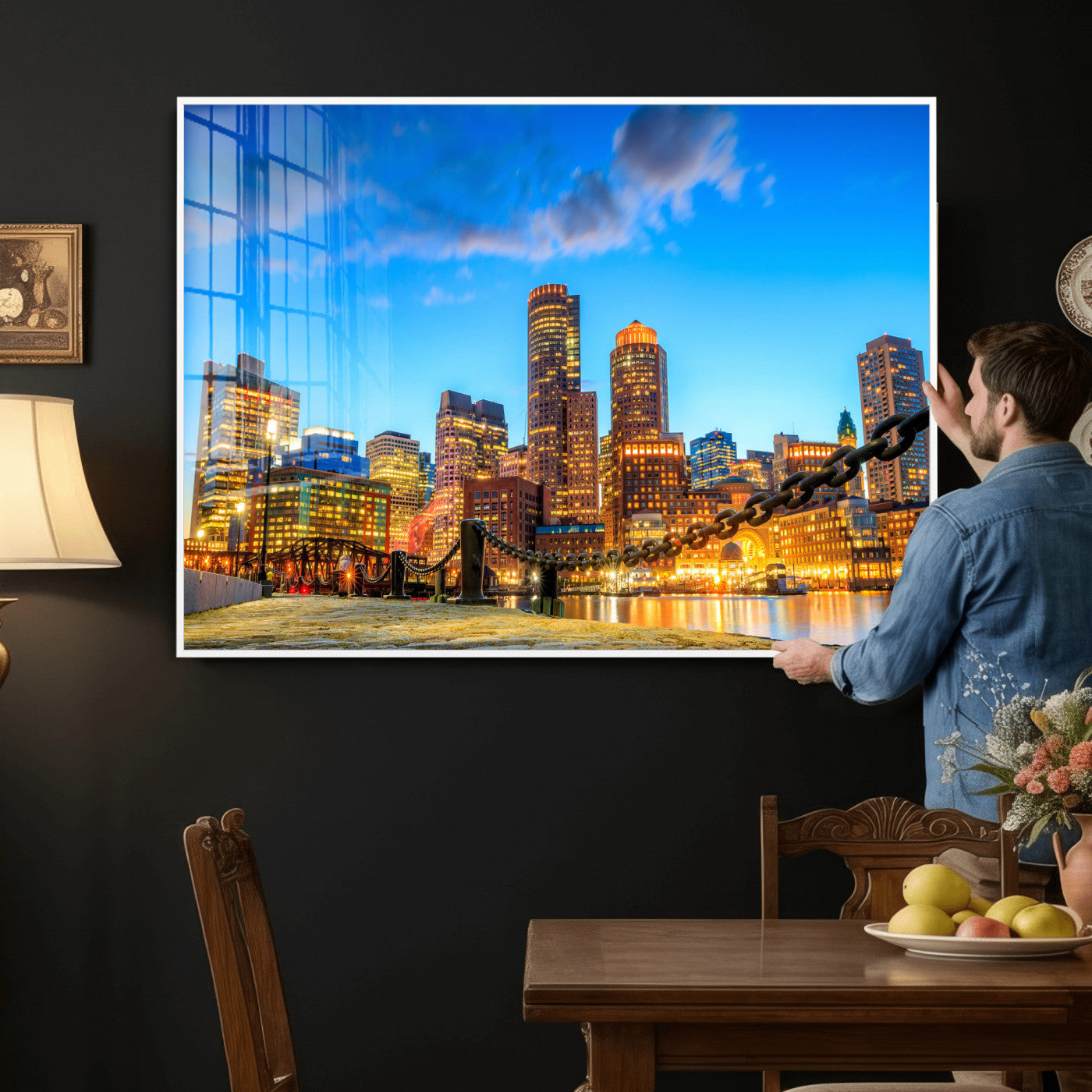 46736409-MGV-CV-36X24 - Boston Wall Art Canvas Print, Boston City Downtown Night Cityscape Print for Modern Urban Wall Decor