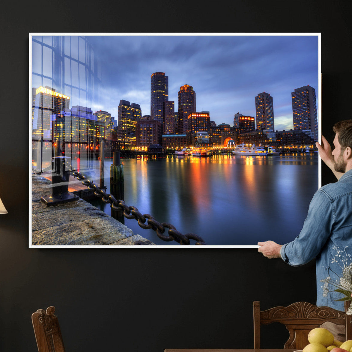 82439622-MGV-CV-36X24 - Boston Wall Art Canvas Print, Boston City Downtown Night Cityscape Print for Modern Urban Wall Decor