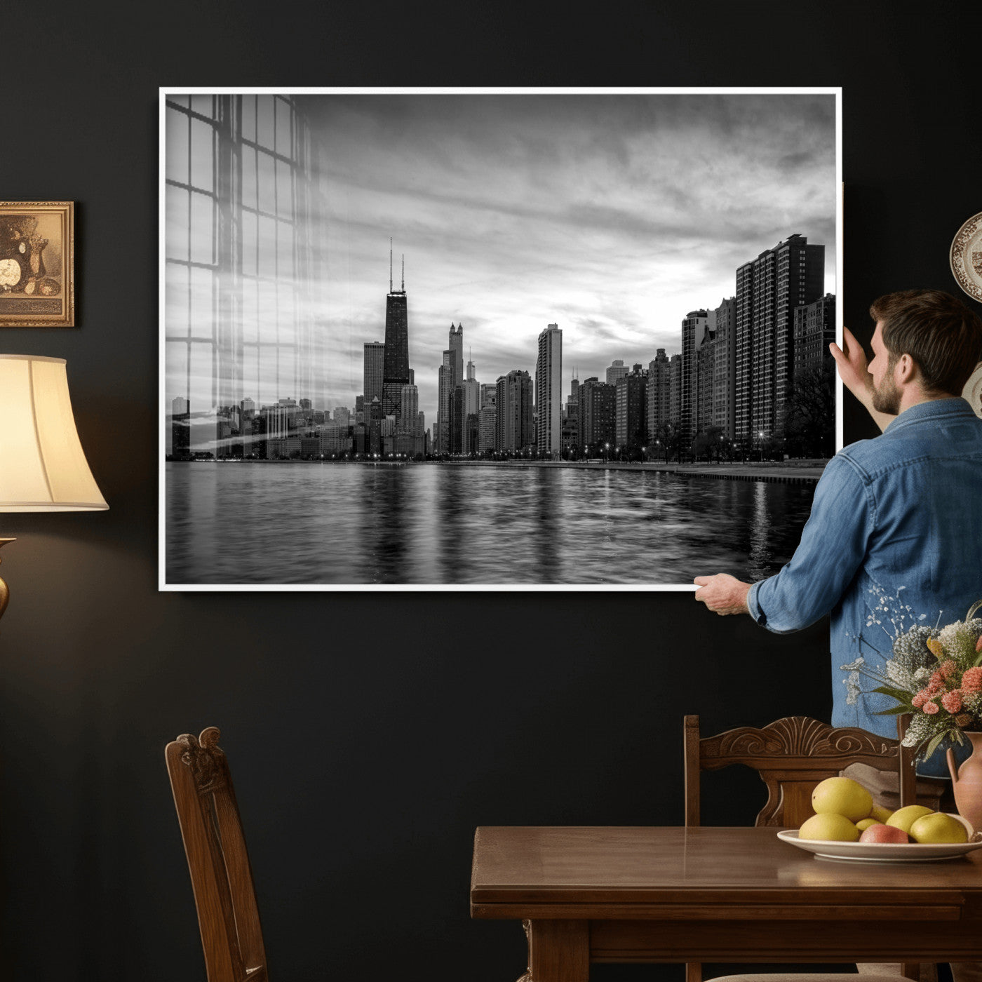 74552581-MGV-CV-36X24 - Chicago Wall Art Canvas Print, Chicago City Downtown Night Cityscape Print for Modern Urban Wall Decor