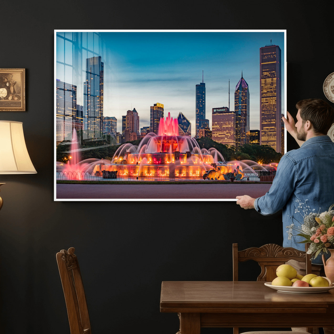 46805285-MGV-CV-36X24 - Chicago Wall Art Canvas Print, Chicago City Downtown Night Cityscape Print for Modern Urban Wall Decor
