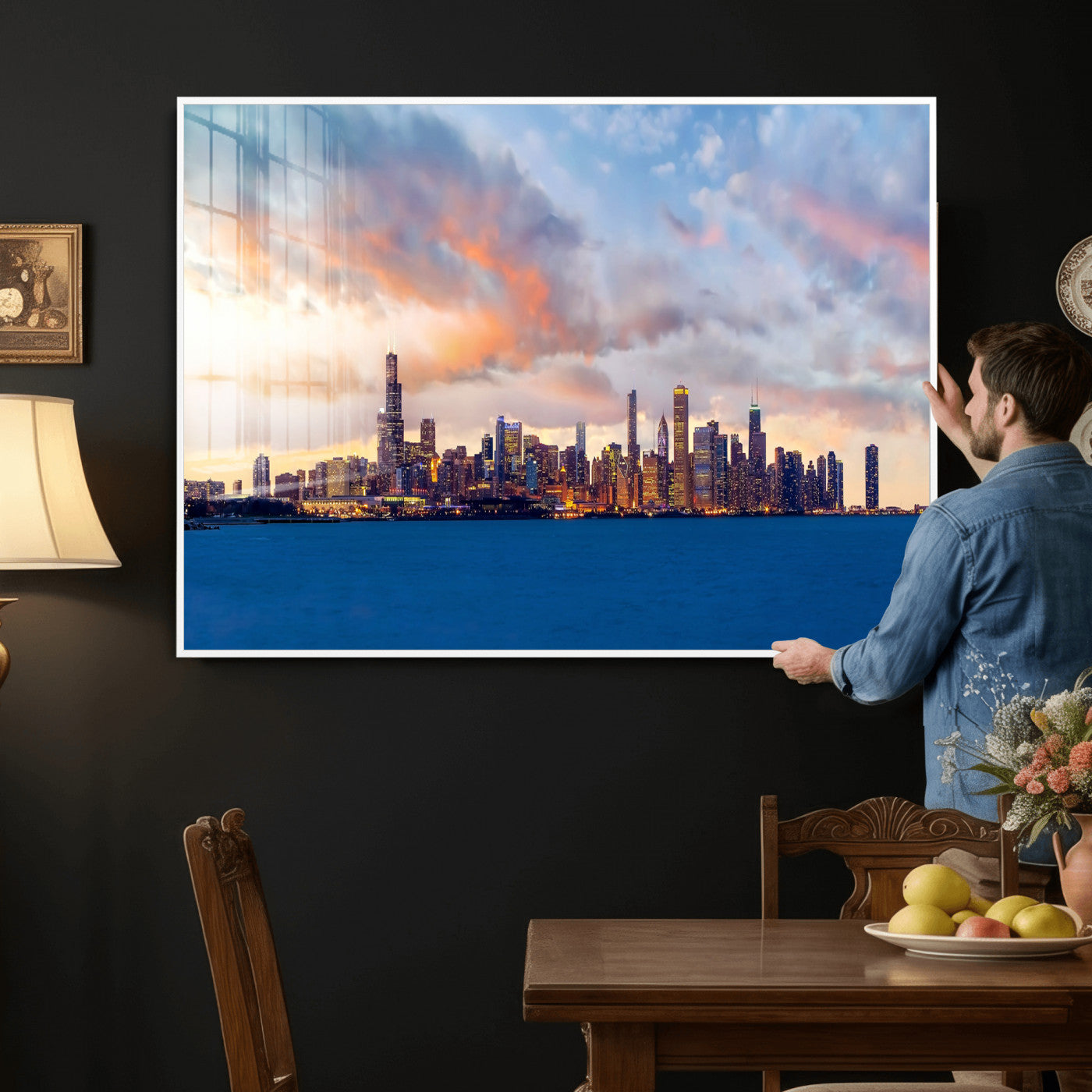 34667960-MGV-CV-36X24 - Chicago Wall Art Canvas Print, Chicago City Downtown Night Cityscape Print for Modern Urban Wall Decor