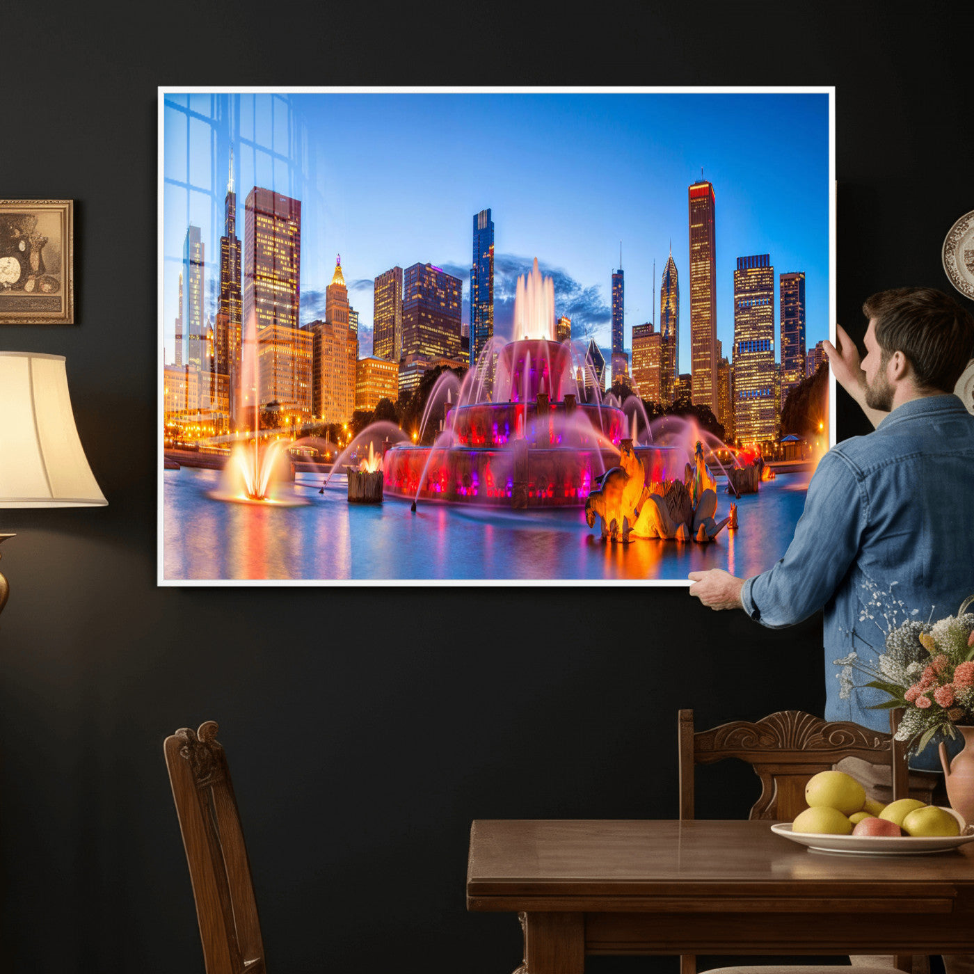 20251989-MGV-CV-36X24 - Chicago Wall Art Canvas Print, Chicago City Downtown Night Cityscape Print for Modern Urban Wall Decor