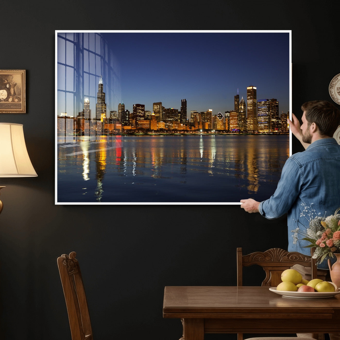 67308035-MGV-CV-36X24 - Chicago Wall Art Canvas Print, Chicago City Downtown Night Cityscape Print for Modern Urban Wall Decor