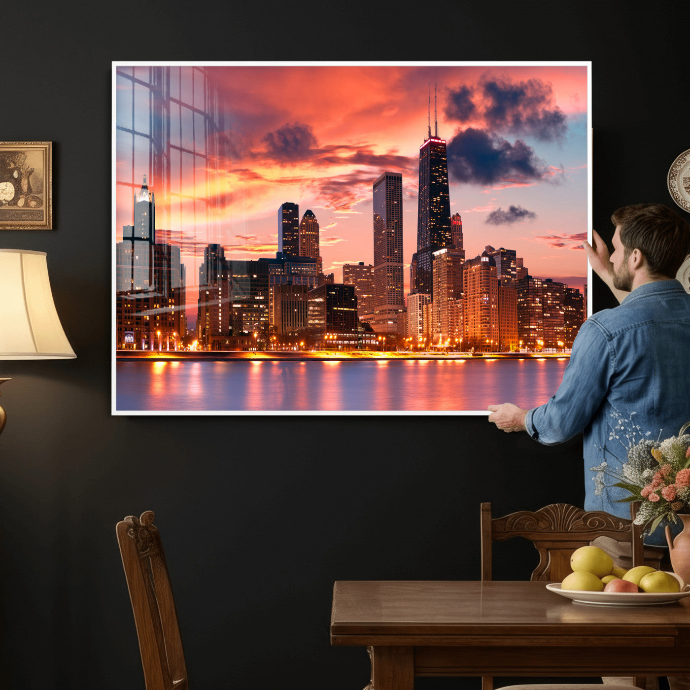 80390109-MGV-CV-36X24 - Chicago Wall Art Canvas Print, Chicago City Downtown Night Cityscape Print for Modern Urban Wall Decor