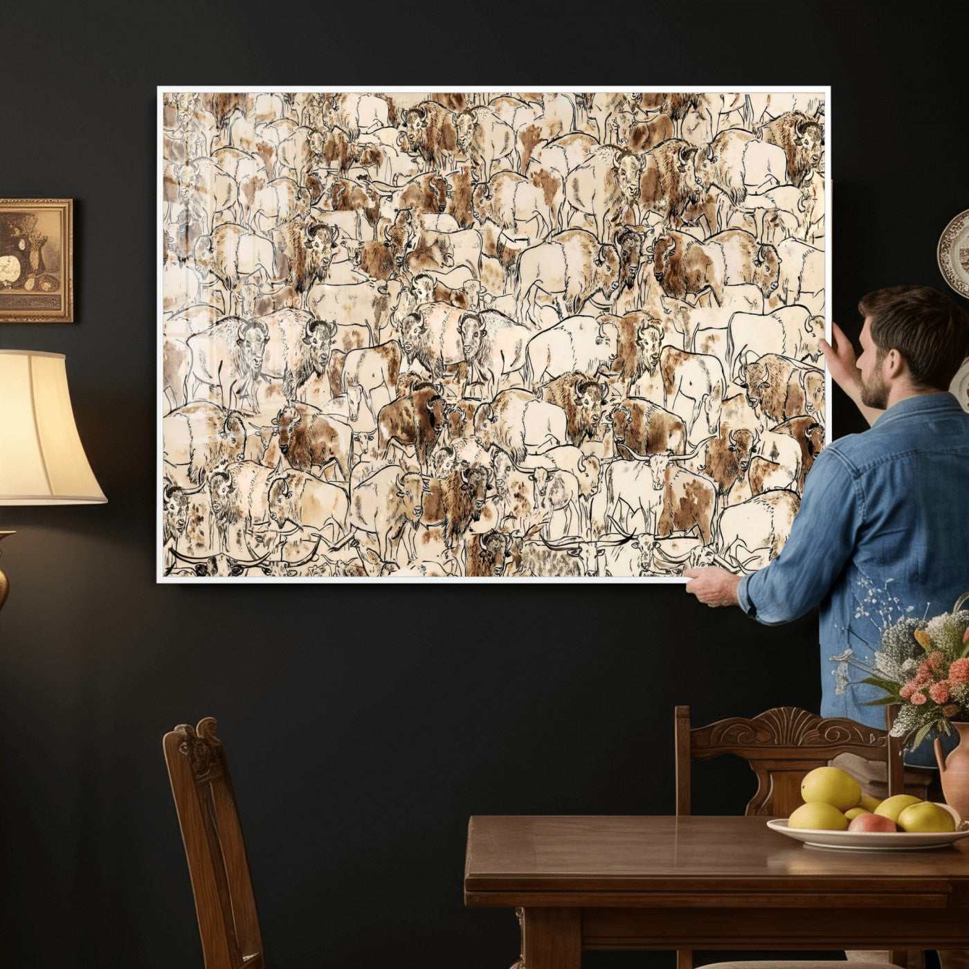 50142019-MGV-CV-36X24 - Farmhouse Animals Wall Art Canvas Print - Abstract Farm Animal Drawing Mid-Century Wall Art for Cabin Decor