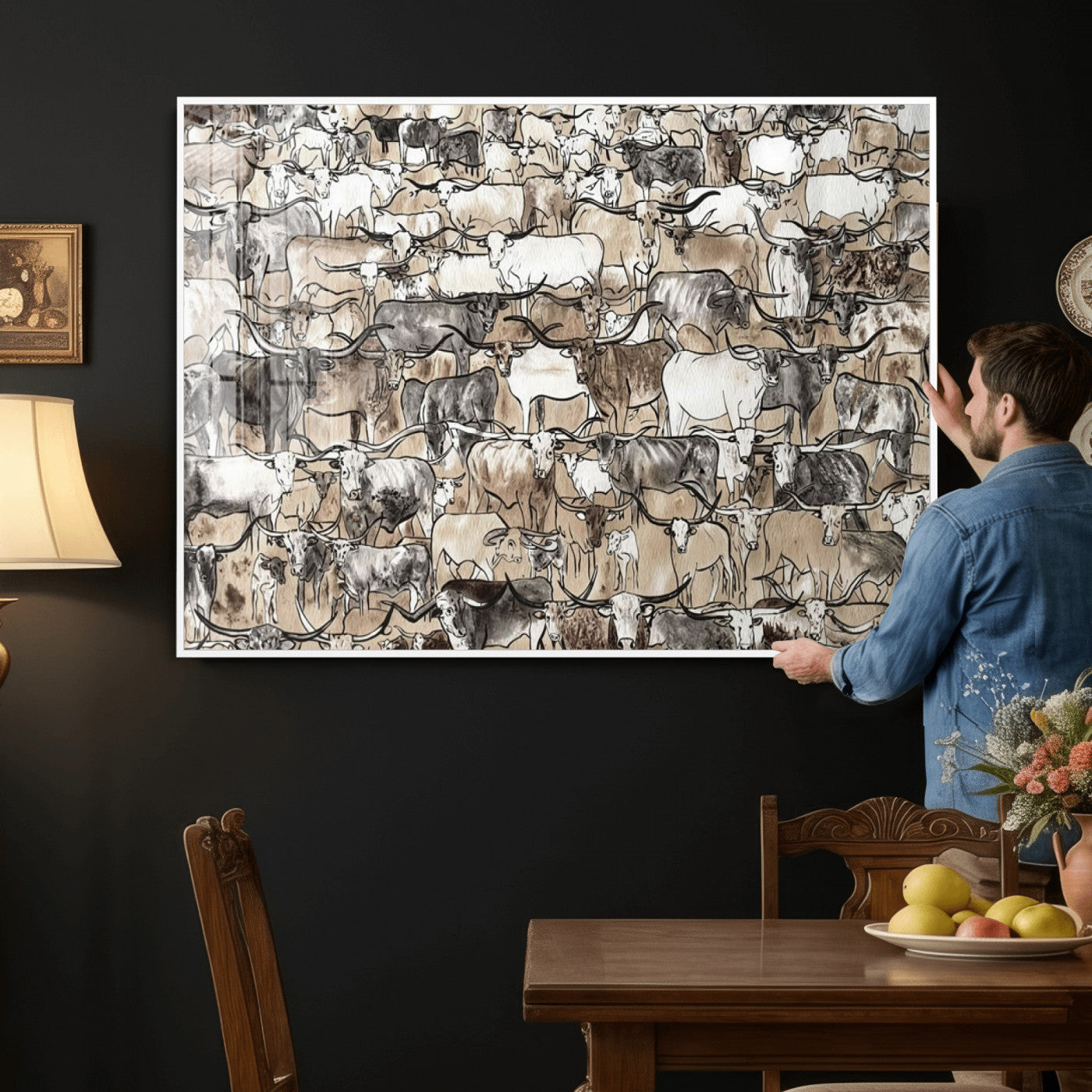 64368752-MGV-CV-36X24 - Farmhouse Animals Wall Art Canvas Print - Abstract Farm Animal Drawing Mid-Century Wall Art for Cabin Decor