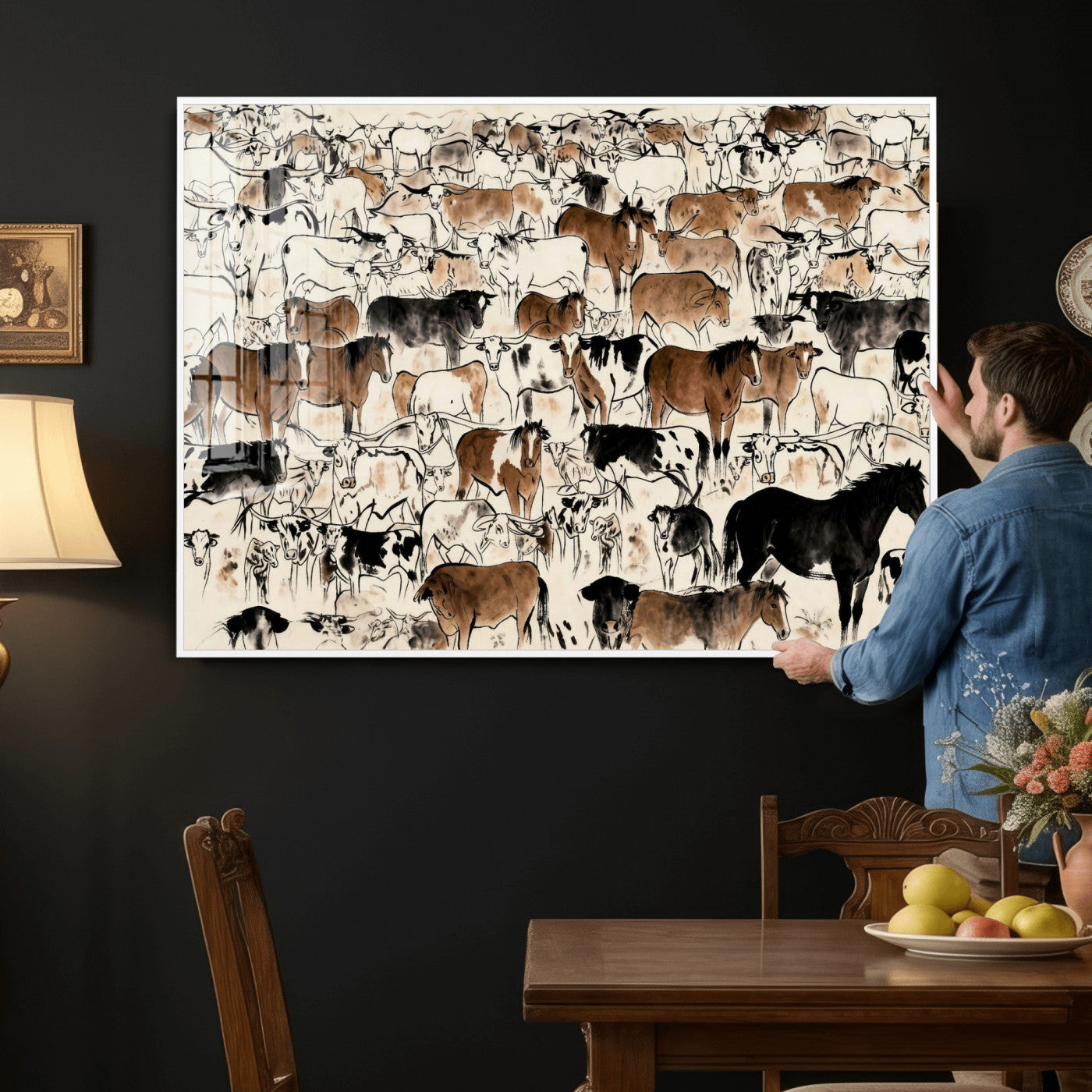 86150485-MGV-CV-36X24 - Farmhouse Animals Wall Art Canvas Print - Abstract Farm Animal Drawing Mid-Century Wall Art for Cabin Decor