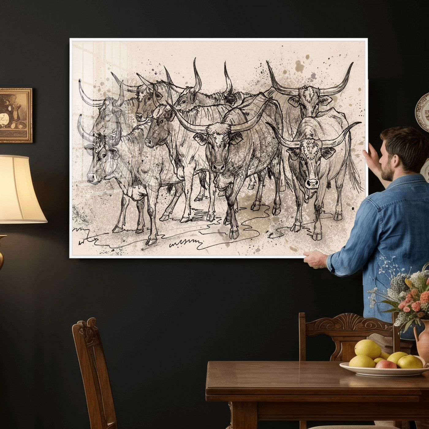 74232558-MGV-CV-36X24 - Farmhouse Animals Wall Art Canvas Print - Abstract Farm Animal Drawing Mid-Century Wall Art for Cabin Decor