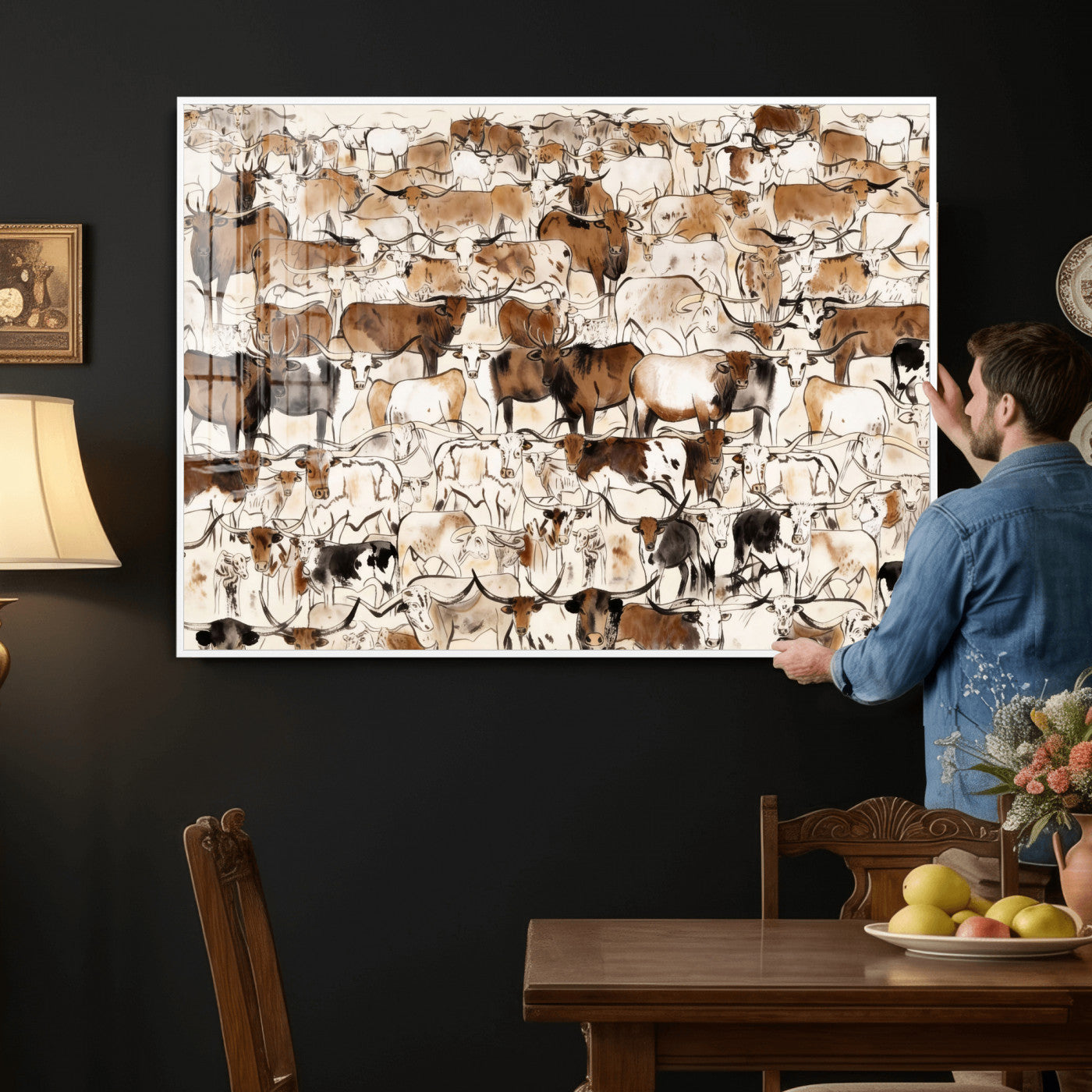 81416572-MGV-CV-36X24 - Farmhouse Animals Wall Art Canvas Print - Abstract Farm Animal Drawing Mid-Century Wall Art for Cabin Decor