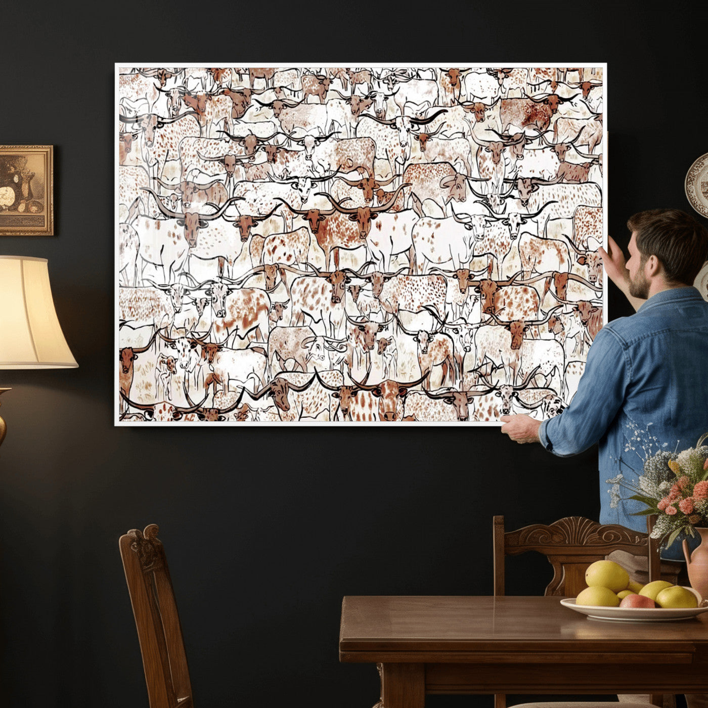 71869761-MGV-CV-36X24 - Farmhouse Animals Wall Art Canvas Print - Abstract Farm Animal Drawing Mid-Century Wall Art for Cabin Decor