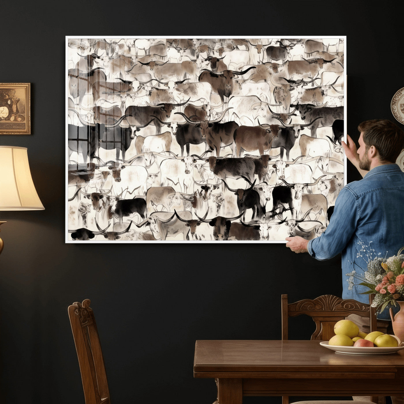 46084312-MGV-CV-36X24 - Farmhouse Animals Wall Art Canvas Print - Abstract Farm Animal Drawing Mid-Century Wall Art for Cabin Decor