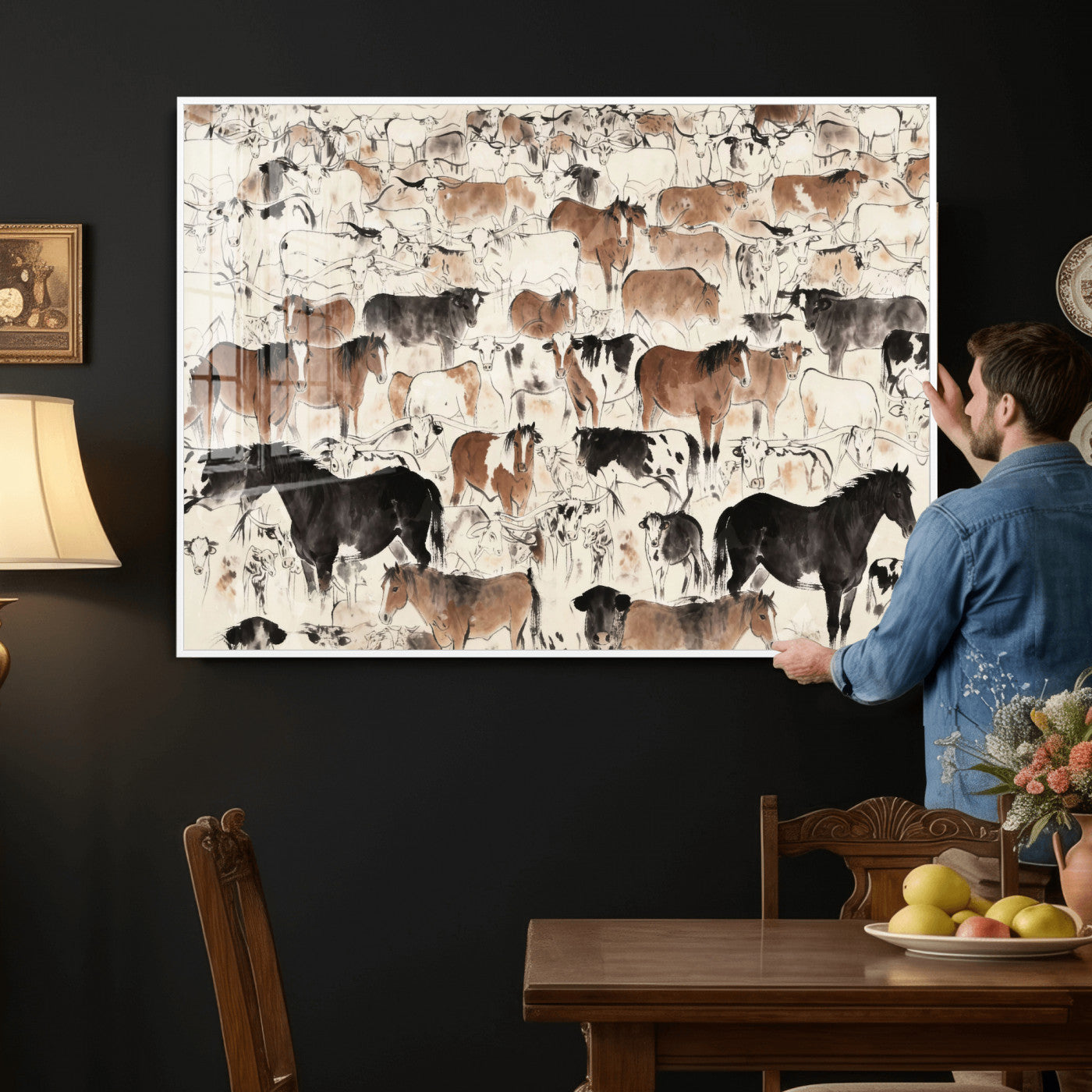 74171578-MGV-CV-36X24 - Farmhouse Animals Wall Art Canvas Print - Abstract Farm Animal Drawing Mid-Century Wall Art for Cabin Decor