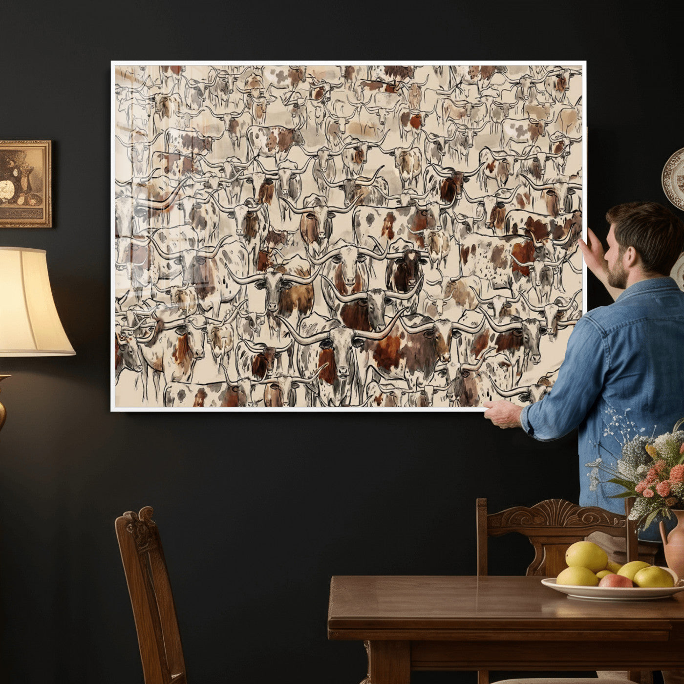 94808502-MGV-CV-36X24 - Farmhouse Animals Wall Art Canvas Print - Abstract Farm Animal Drawing Mid-Century Wall Art for Cabin Decor