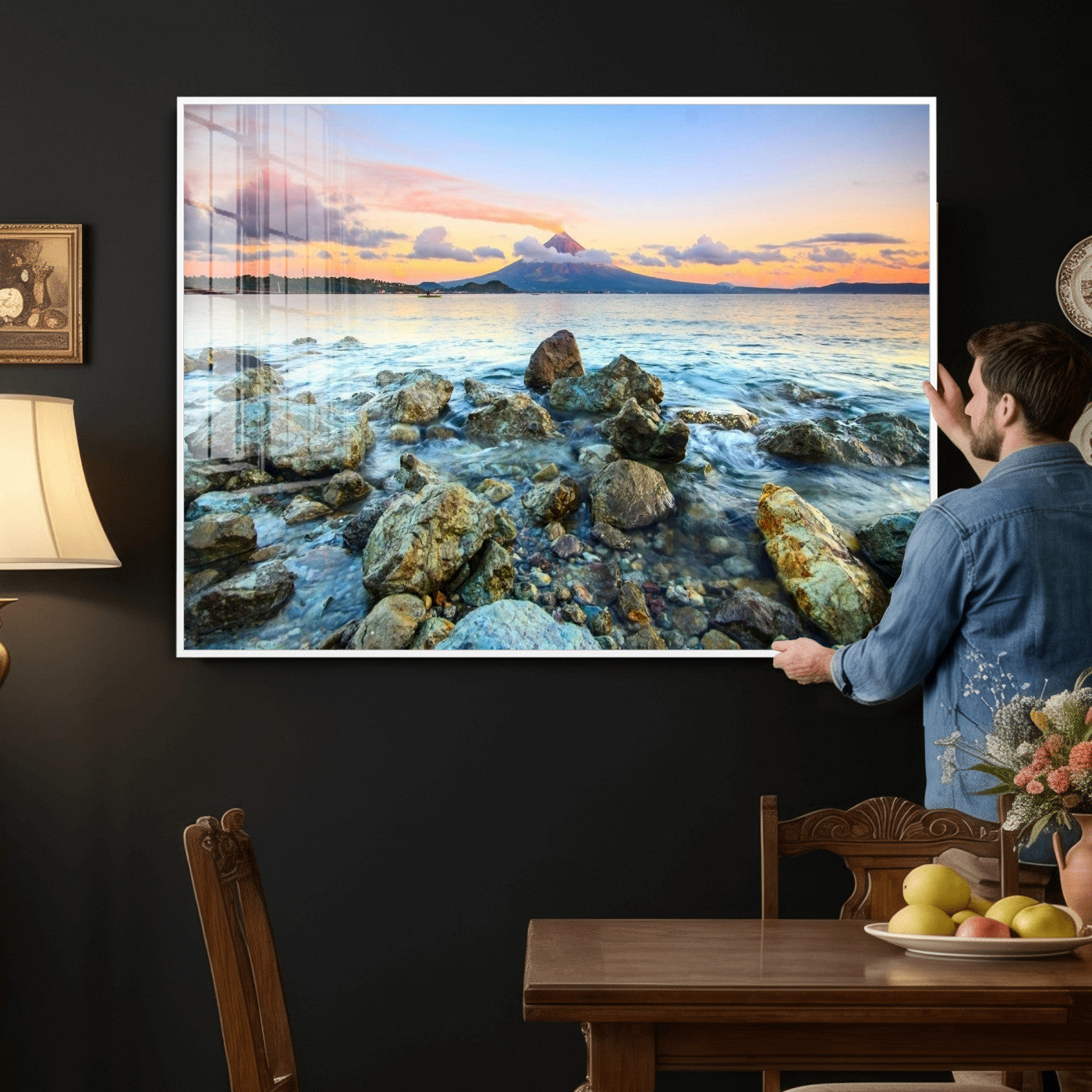 46869511-MGV-CV-36X24 - Mayon Volcano Seascape Landscape Wall Art Canvas Print, Tropical Ocean Shore Mountain Canvas Print, Philippines Coastal Scenic Art Printing