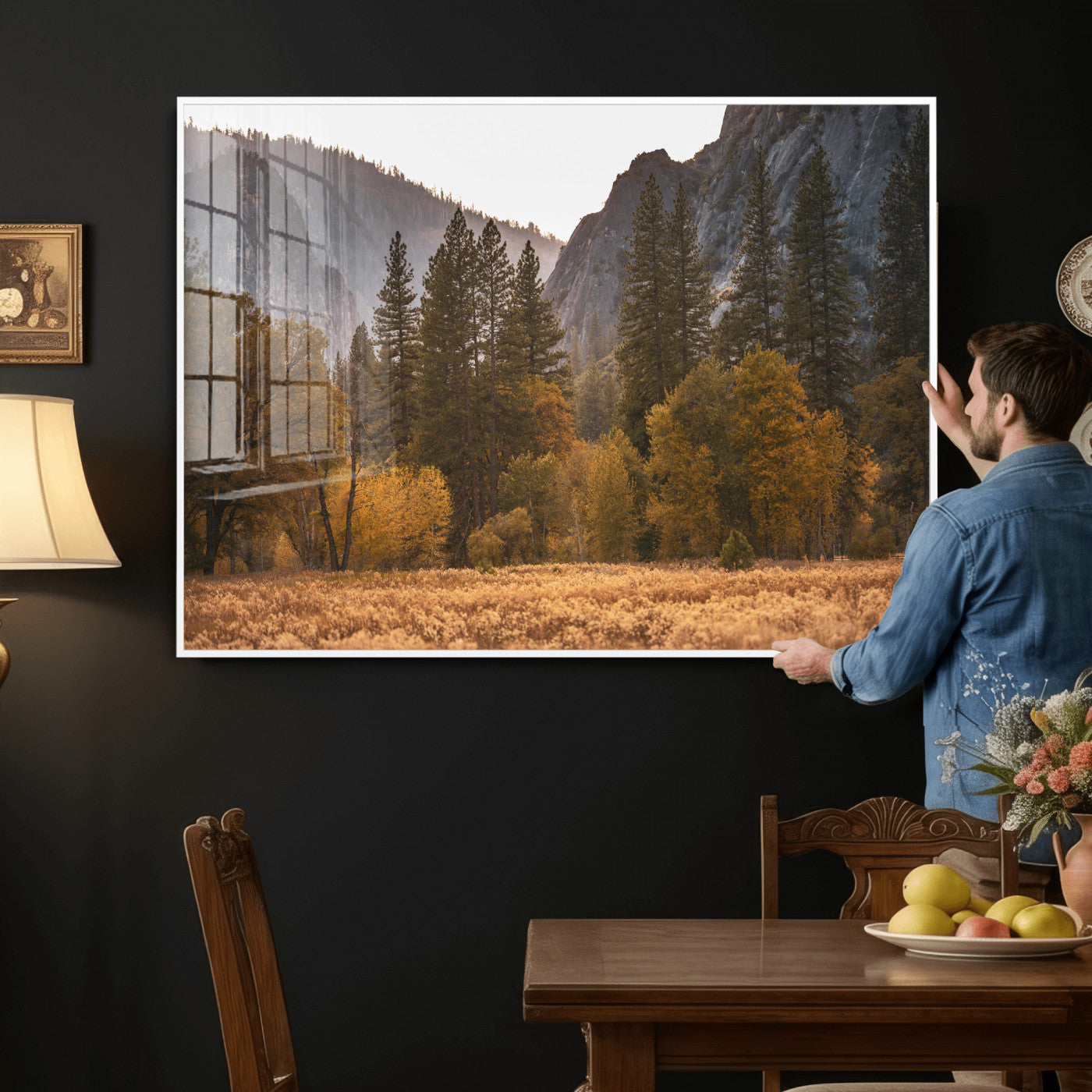 61682763-MGV-CV-36X24 - Yosemite Valley Autumn Forest Landscape Wall Art Canvas Print, Granite Mountain Pine Trees Canvas Print, California National Park Fall Scenic Art Printing