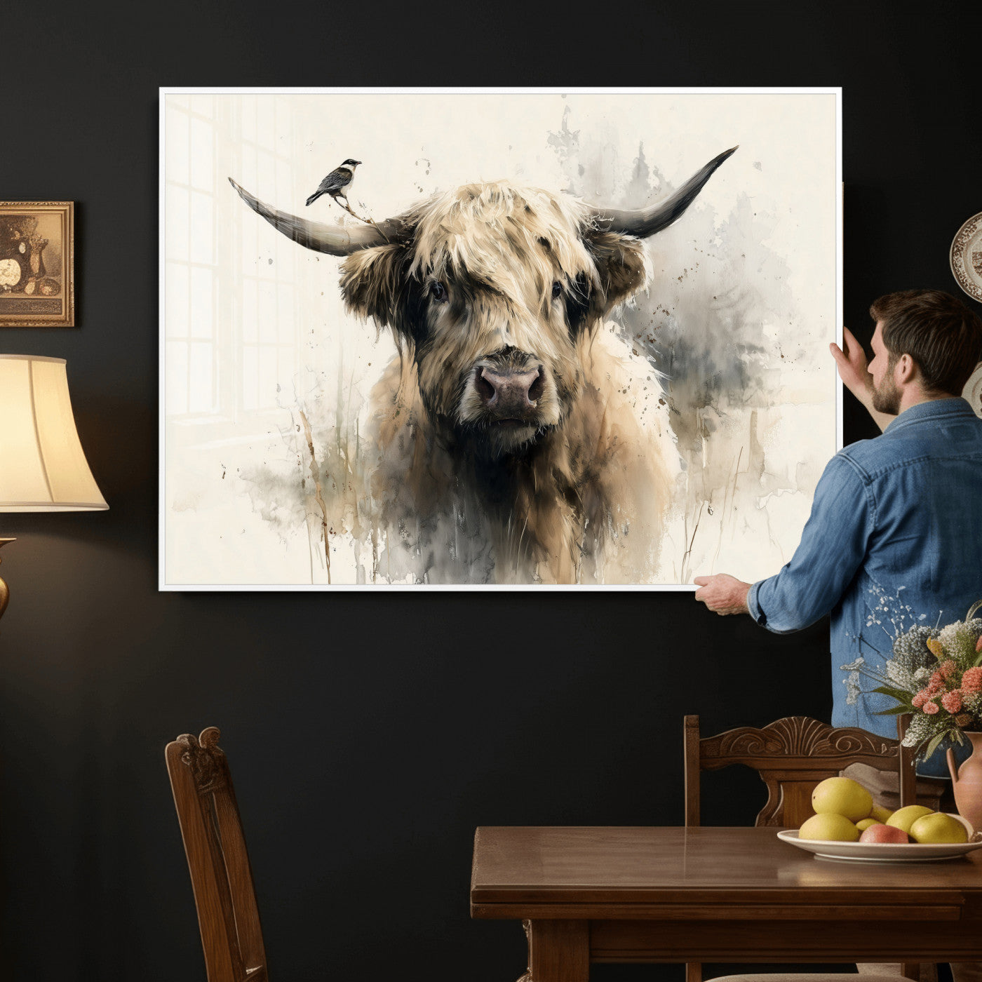 98249290-MGV-CV-36X24 - Abstract Highland Cow Watercolor Animal Wall Art Canvas Print, Rustic Farm Cattle Portrait Canvas Print, Neutral Wildlife Farmhouse Art Printing