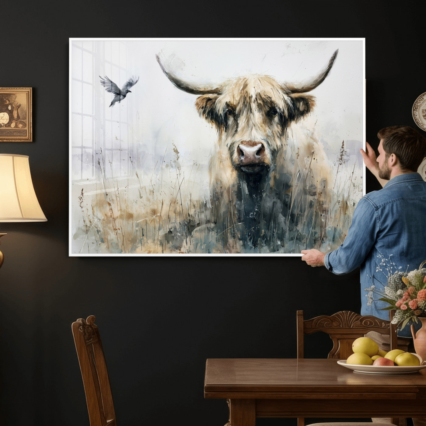 55652651-MGV-CV-36X24 - Abstract Highland Cow Watercolor Animal Wall Art Canvas Print, Rustic Farm Cattle Portrait Canvas Print, Neutral Wildlife Farmhouse Art Printing