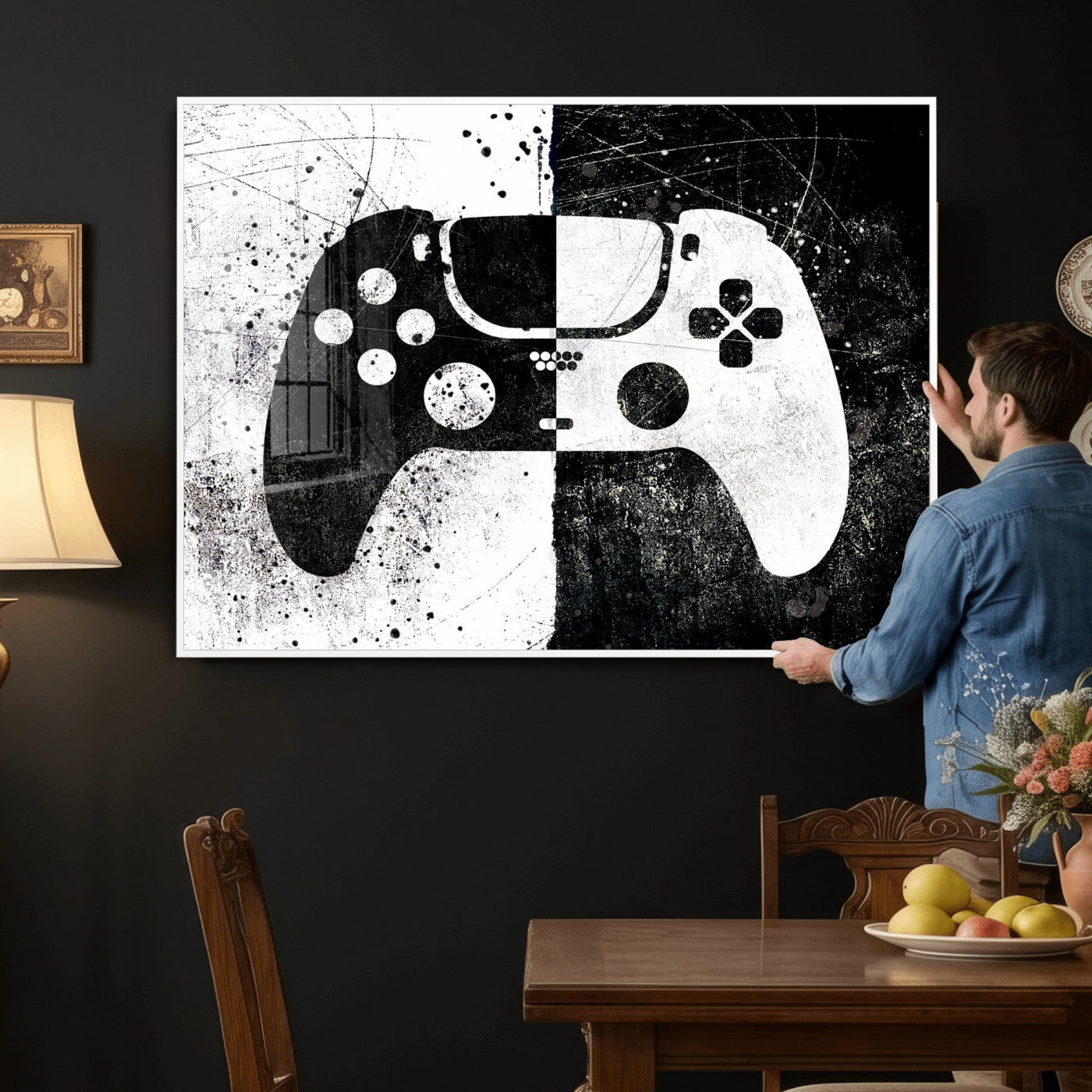 17525128-MGV-CV-36X24 - Abstract Gaming Controller Wall Art Canvas Print, Black White Video Game Controller Modern Canvas Print, Minimal Gamer Graphic Art Printing