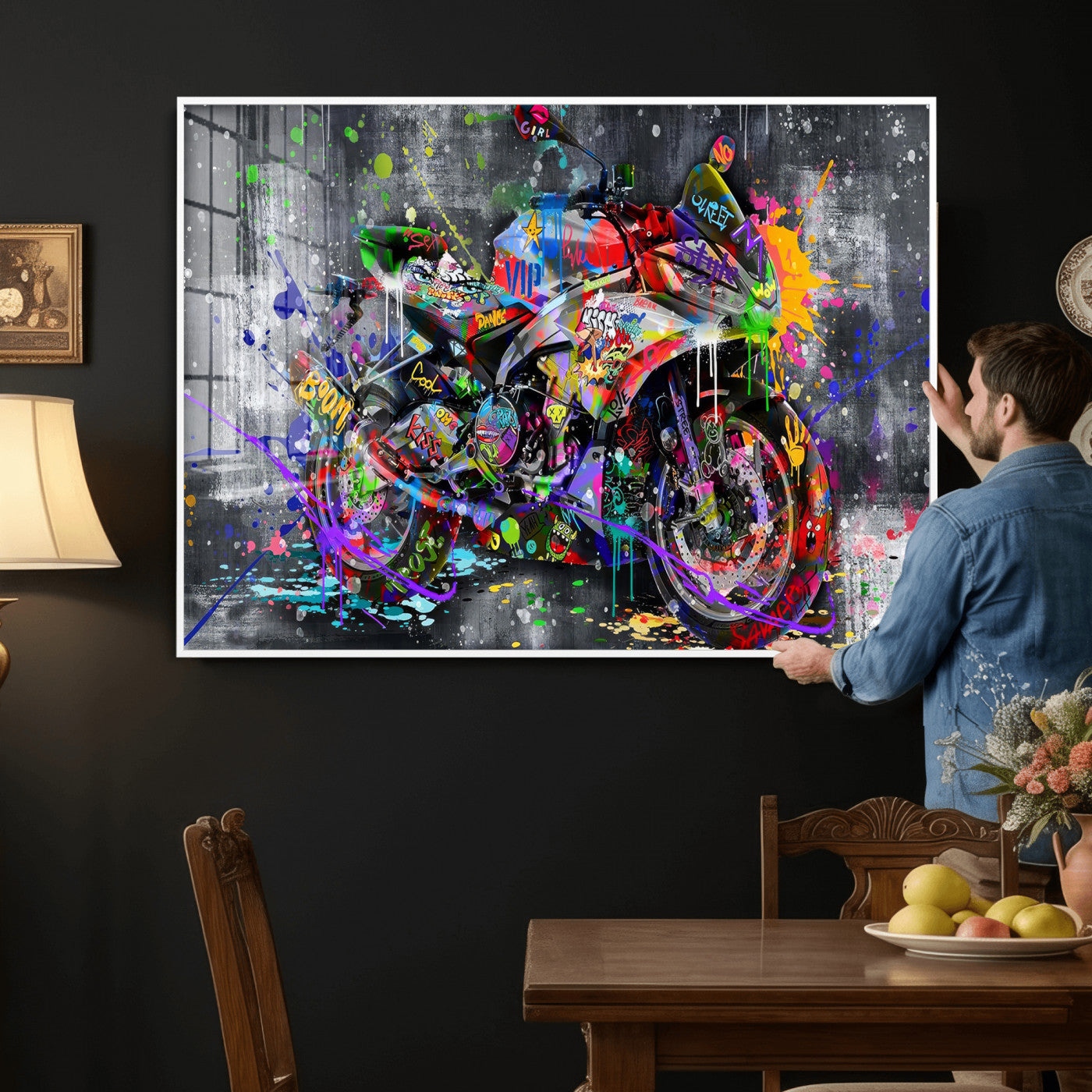 83021767-MGV-CV-36X24 - Graffiti Motorcycle Wall Art Canvas Print, Urban Street Art Motorbike Decor, Colorful Graffiti Sports Bike Artwork