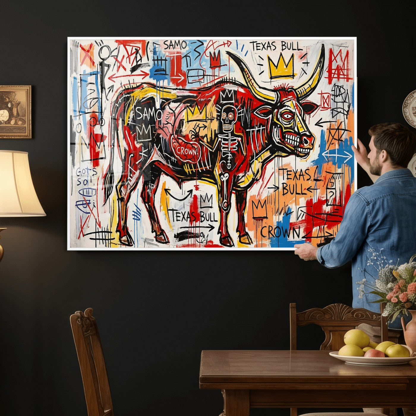 89504579-MGV-CV-36X24 - TITLE: Texas Bull Wall Art Canvas Print, Abstract Graffiti Bull Painting, Western Animal Art, Modern Ranch Decor