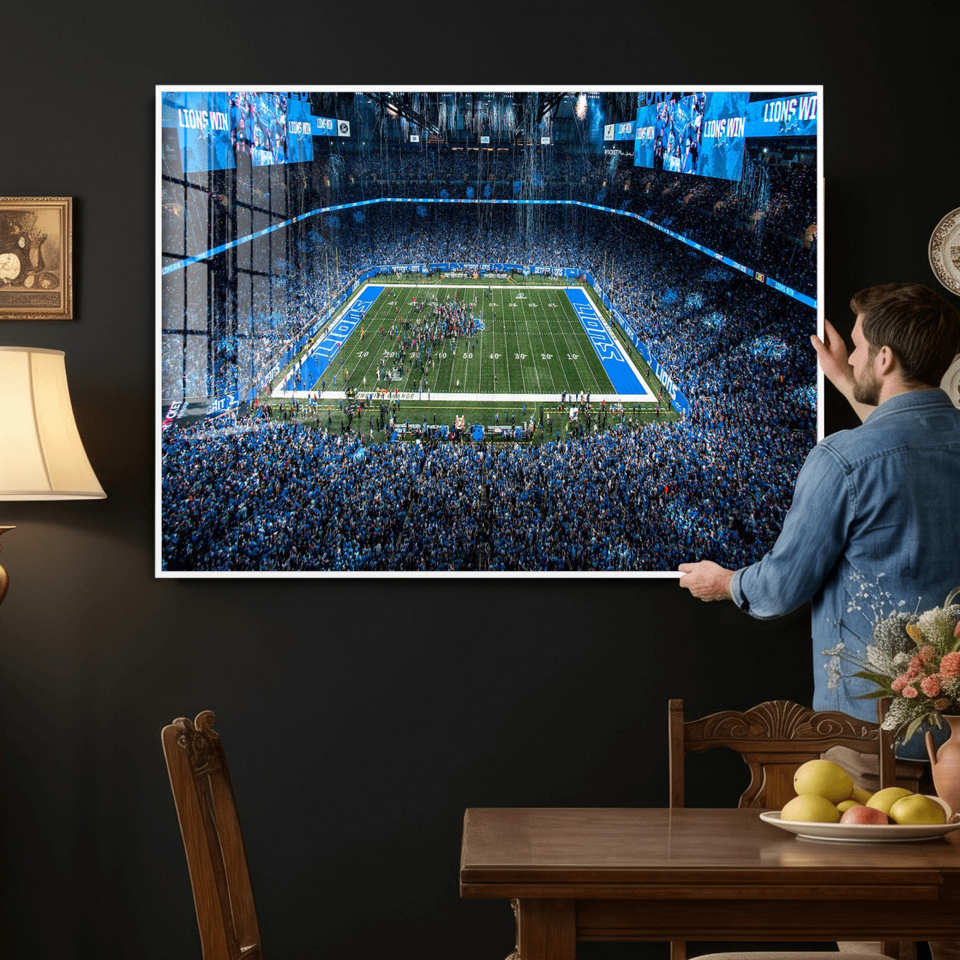 80882005-MGV-CV-36X24 - Detroit Lions Stadium Wall Art Canvas Print, Football Field Panorama Artwork, NFL Game Night Stadium Decor