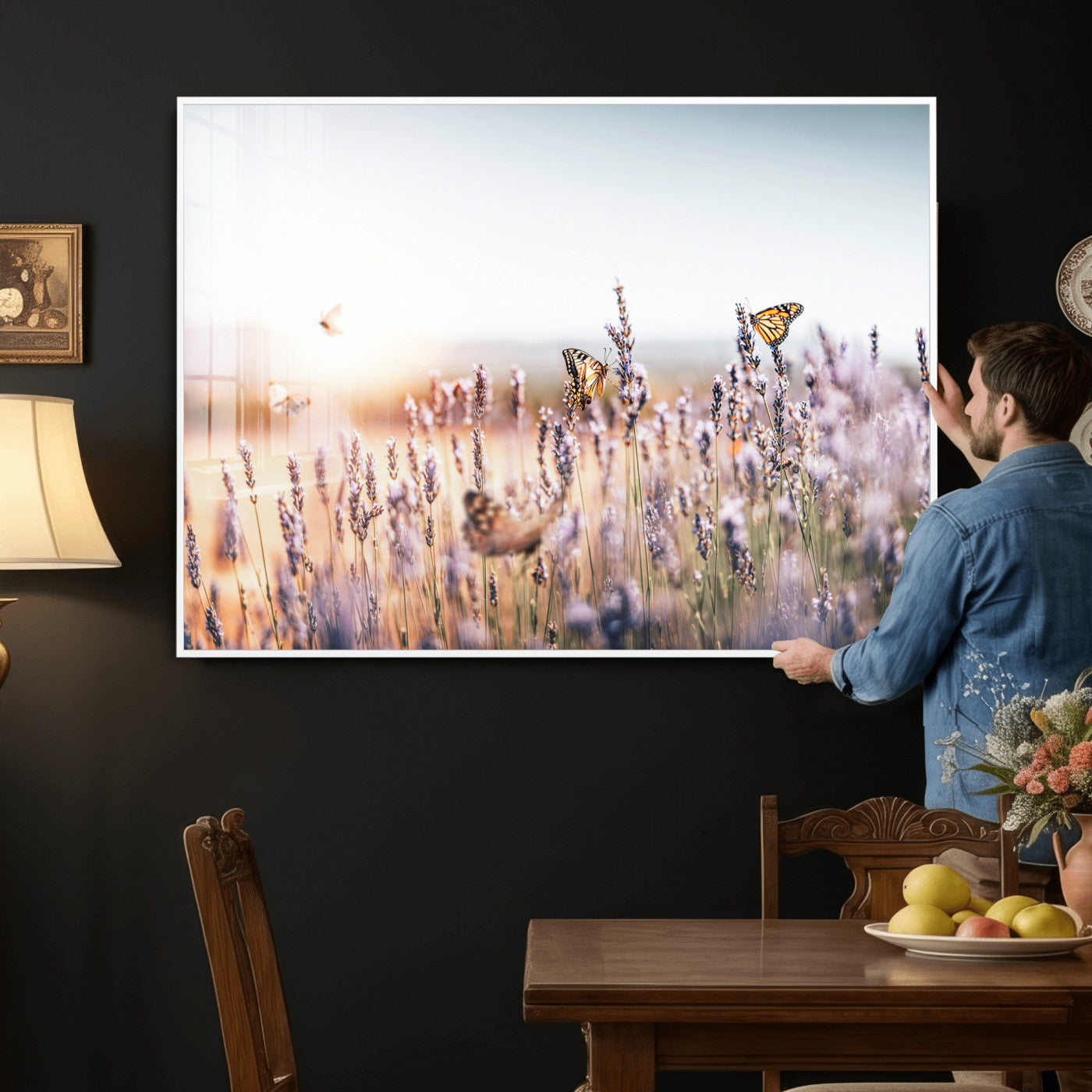 46417478-MGV-CV-36X24 - Lavender Field Wall Art Canvas Print, Butterfly Floral Landscape Art, Soft Nature Wall Decor for Bedroom