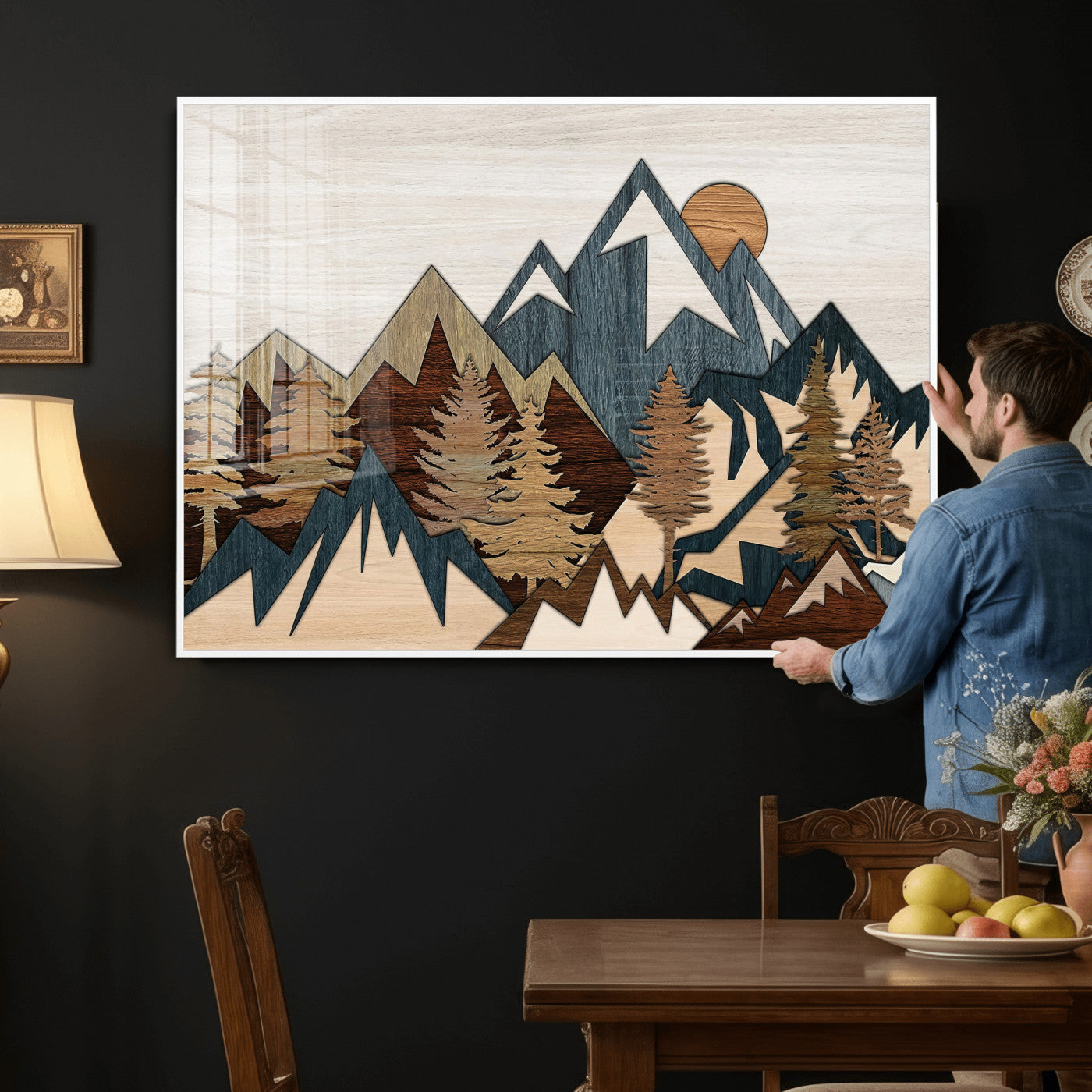 61833055-MGV-CV-36X24 - Mountain Forest Wall Art Canvas Print, Layered Wood Landscape Artwork, Rustic Nature Wall Decor for Living Room