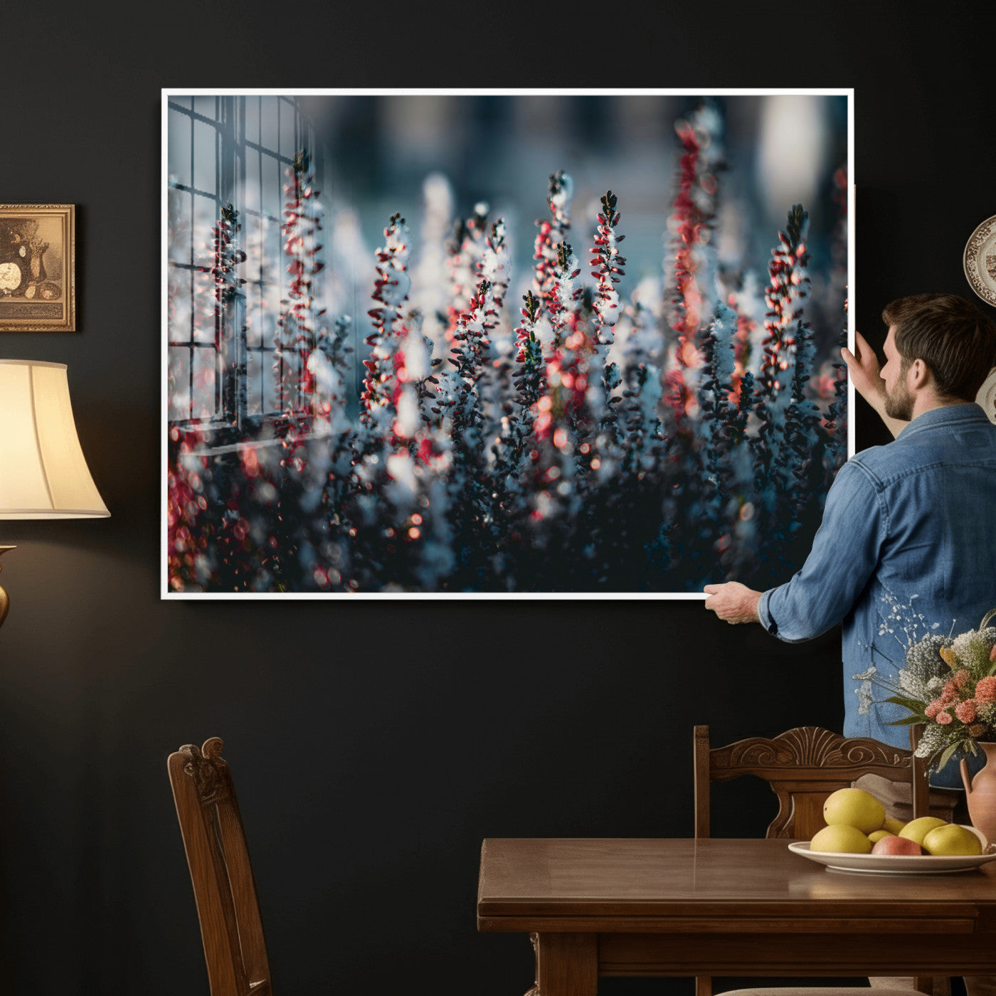 82063935-MGV-CV-36X24 - Winter Heather Wall Art Canvas Print, Frosted Floral Nature Art, Moody Botanical Wall Decor