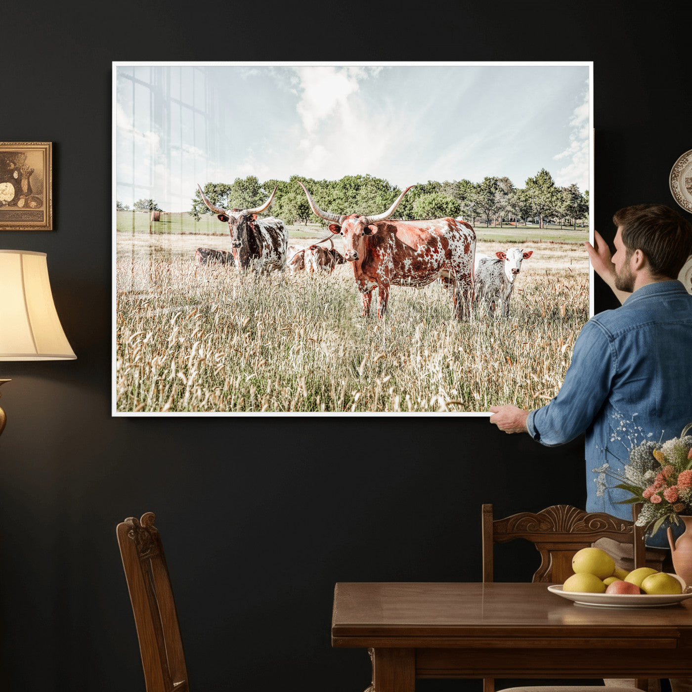33963645-MGV-CV-36X24 - Texas Longhorn Cattle Wall Art Canvas Print, Western Ranch Landscape Nature Wall Decor for Living Room and Office