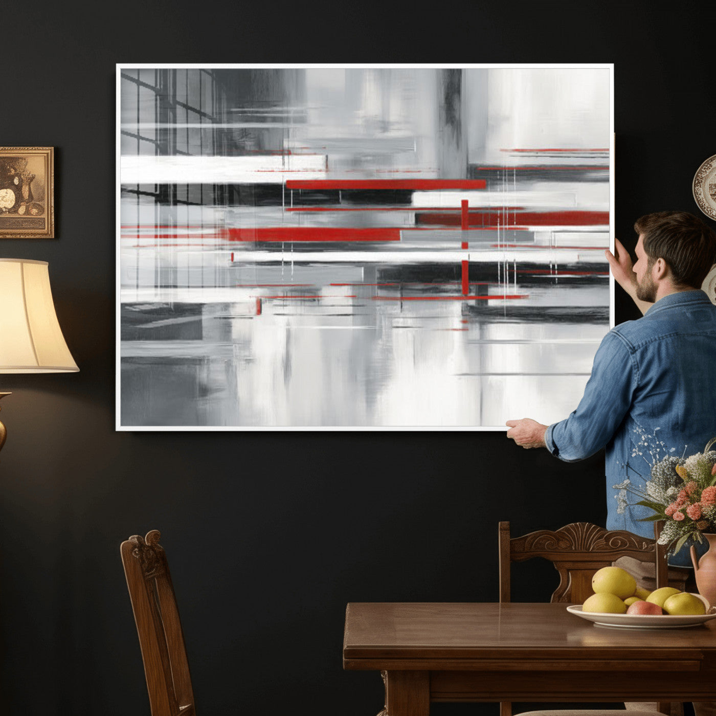 62640681-MGV-CV-36X24 - Gray Red Abstract Wall Art Canvas Print, Modern Abstract Canvas Wall Decor for Contemporary Living Room and Office